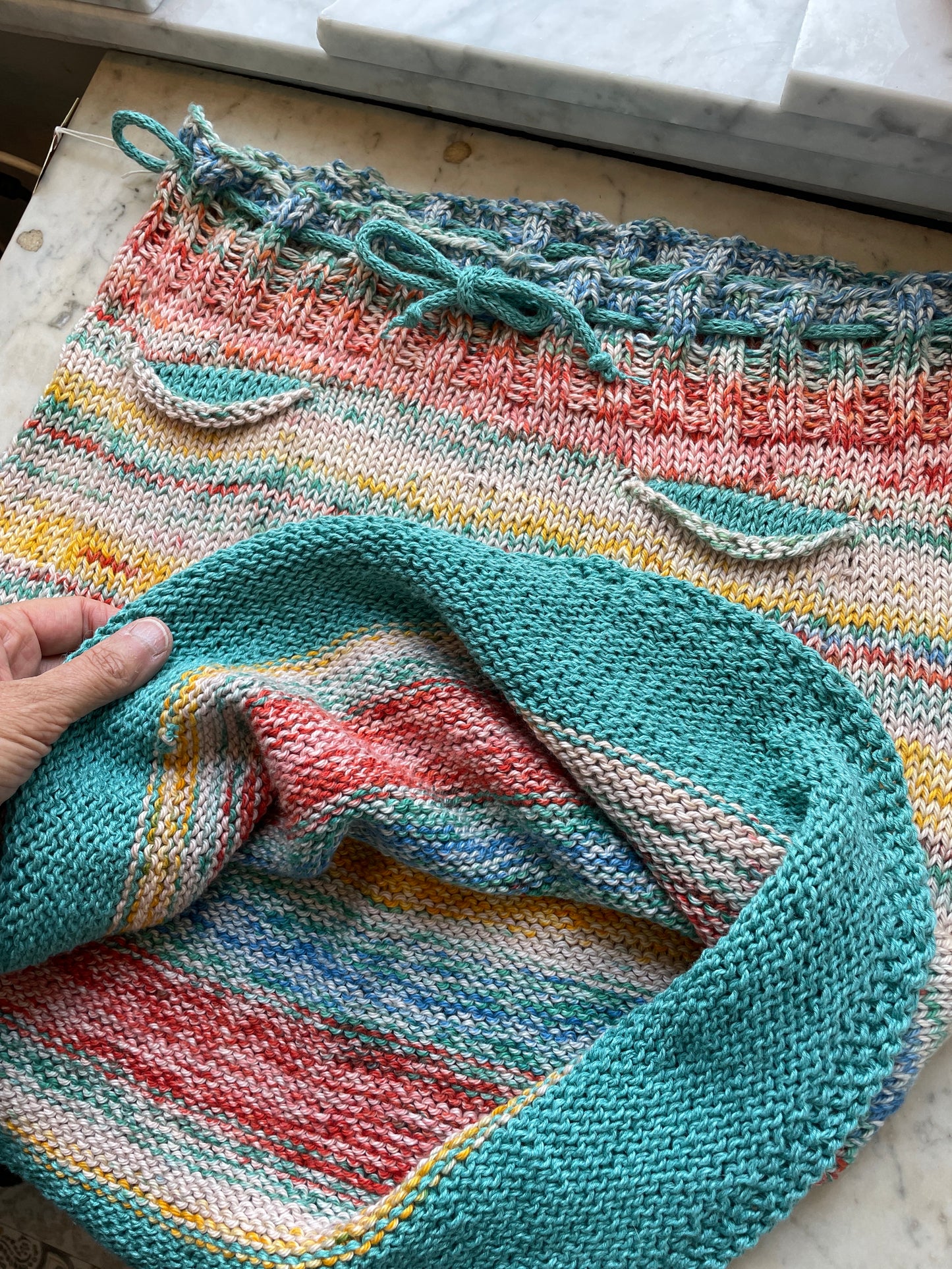 Hand Knit Cotton/hemp Ombre Skirt – Teal, Burnt Orange & Yellow | Drawstring Waist & Pockets