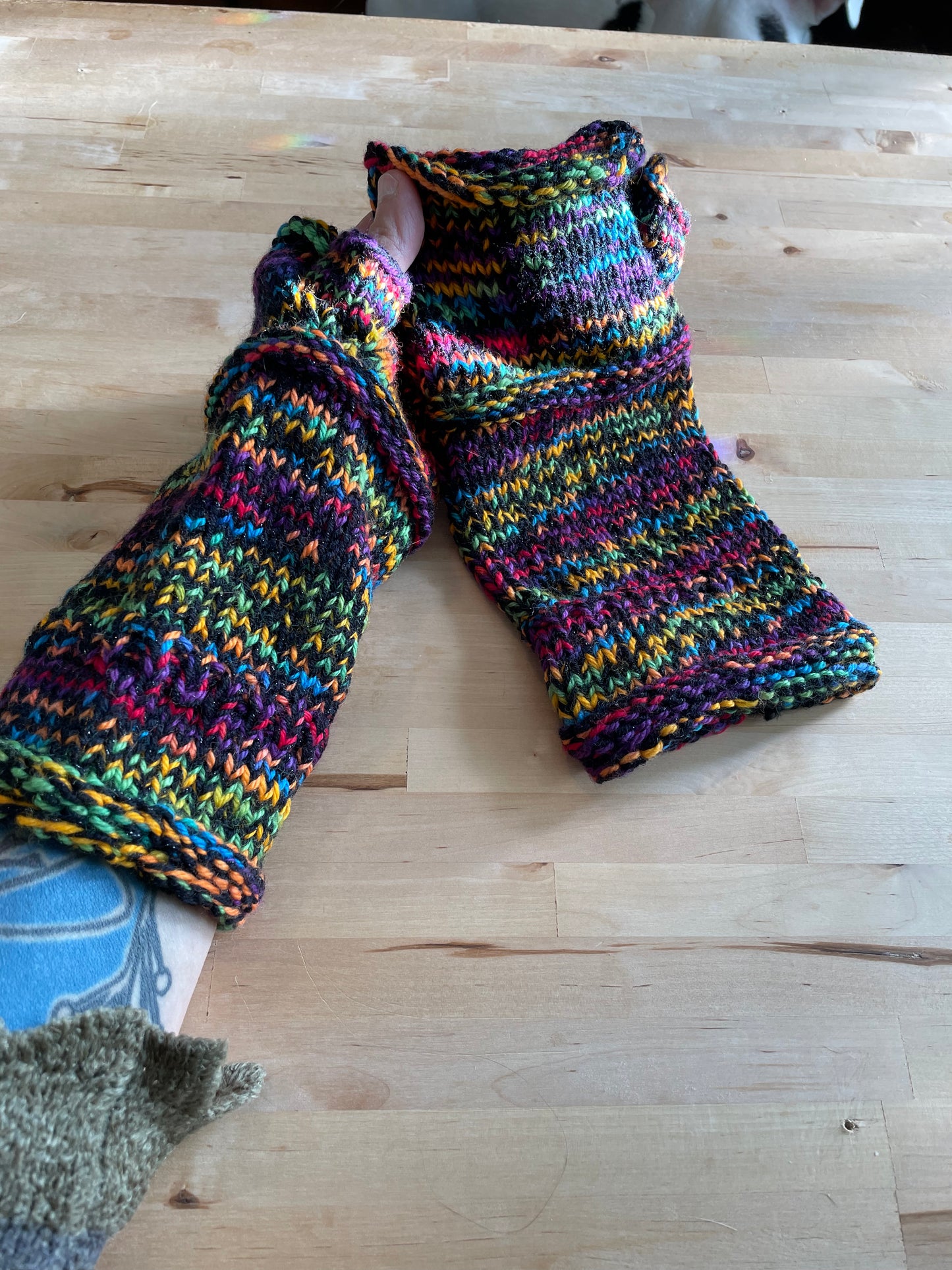Black and rainbow fingerless gloves sz large soft warm wool