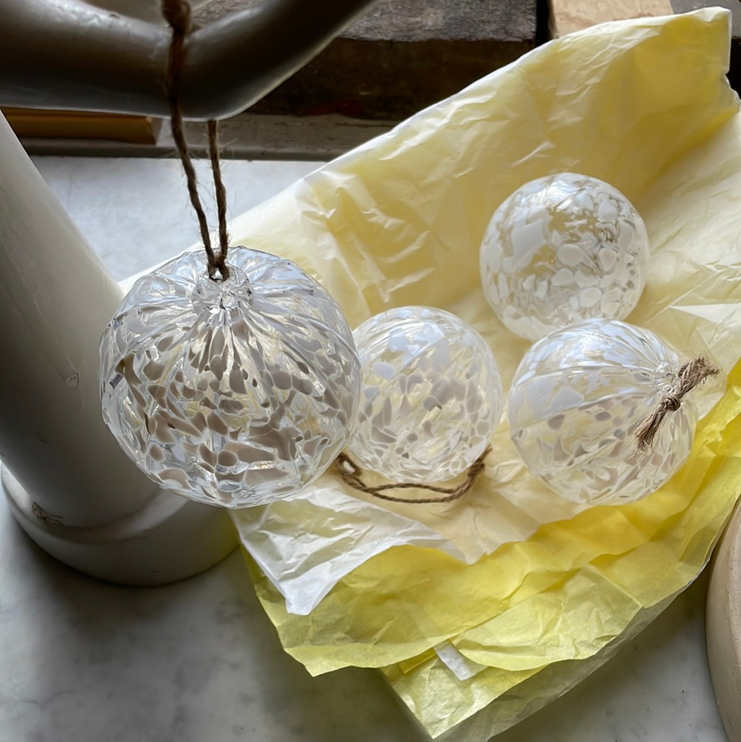 White speckled Handblown glass orb ornament