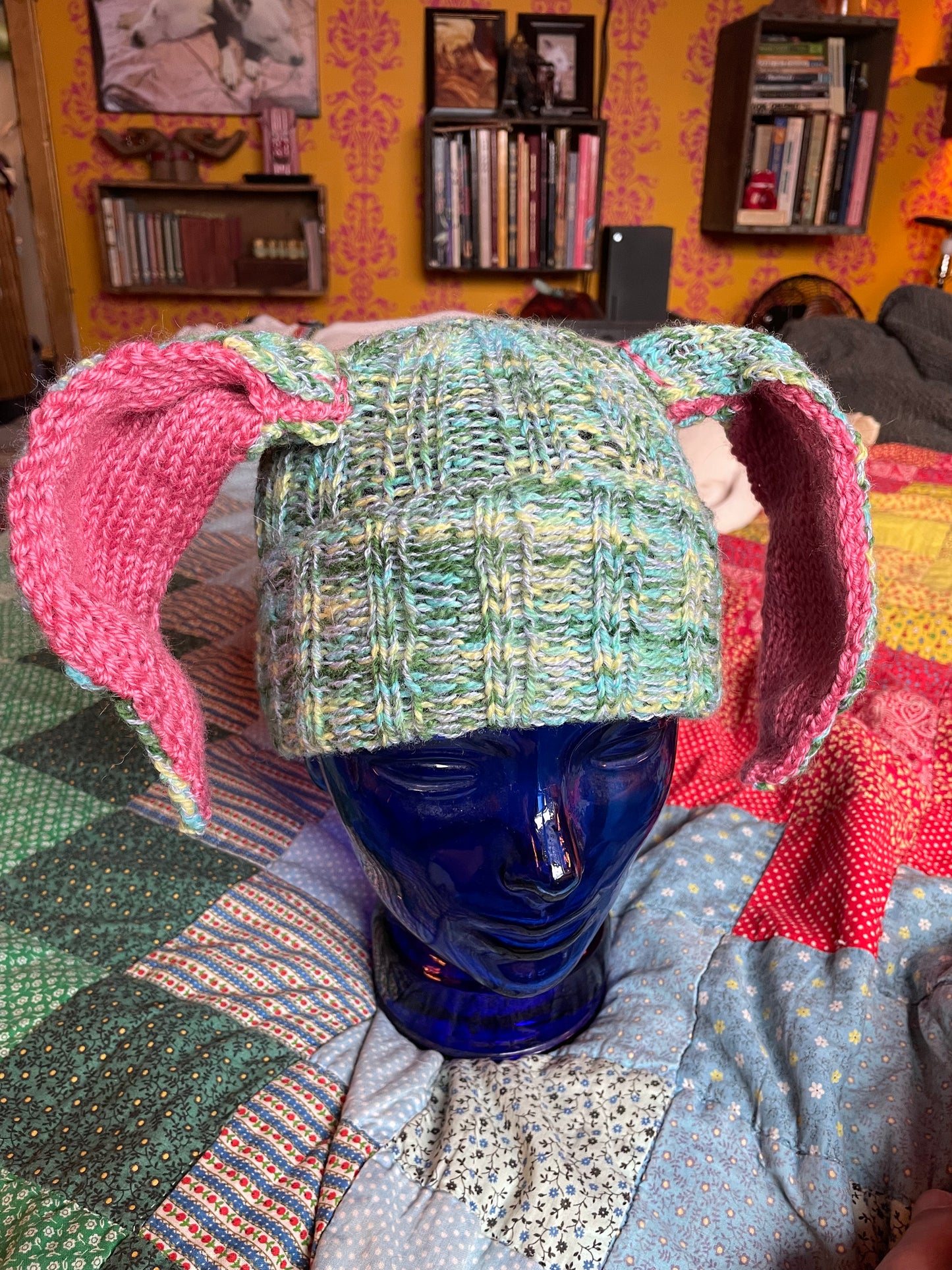 Hand knit Bunny Ears with rib trim