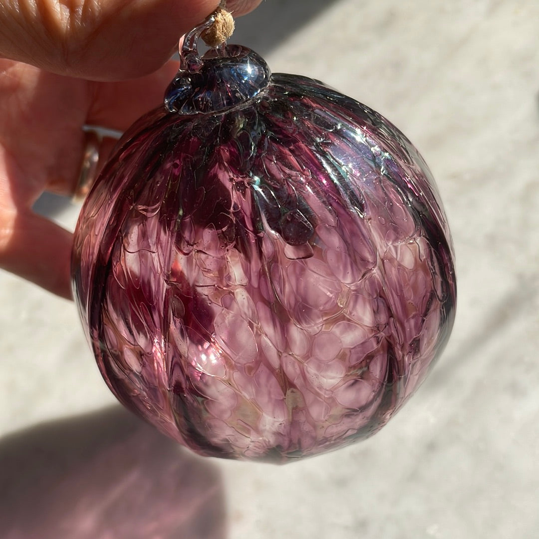 Iridescent purple ribbed Handblown glass orb with silver
