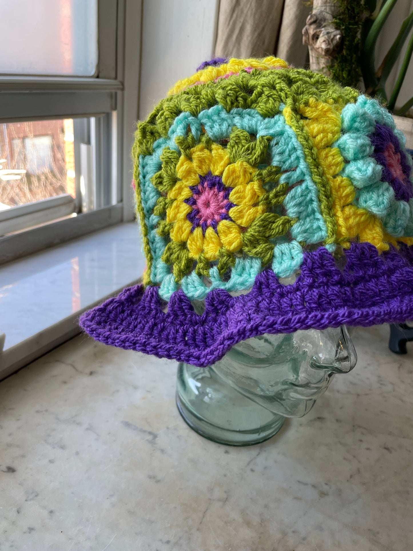 Spring Handmade Crochet Bucket Hat with Granny Square Floral Design spring
