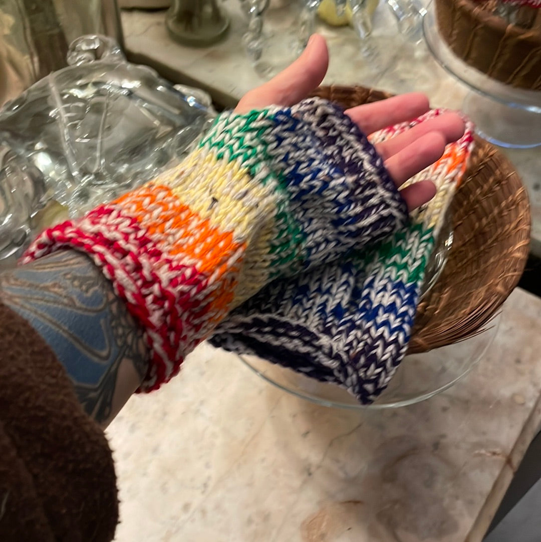 Thick Warm heathered Rainbow Striped Fingerless Gloves with no thumbs, washable acrylic yarn