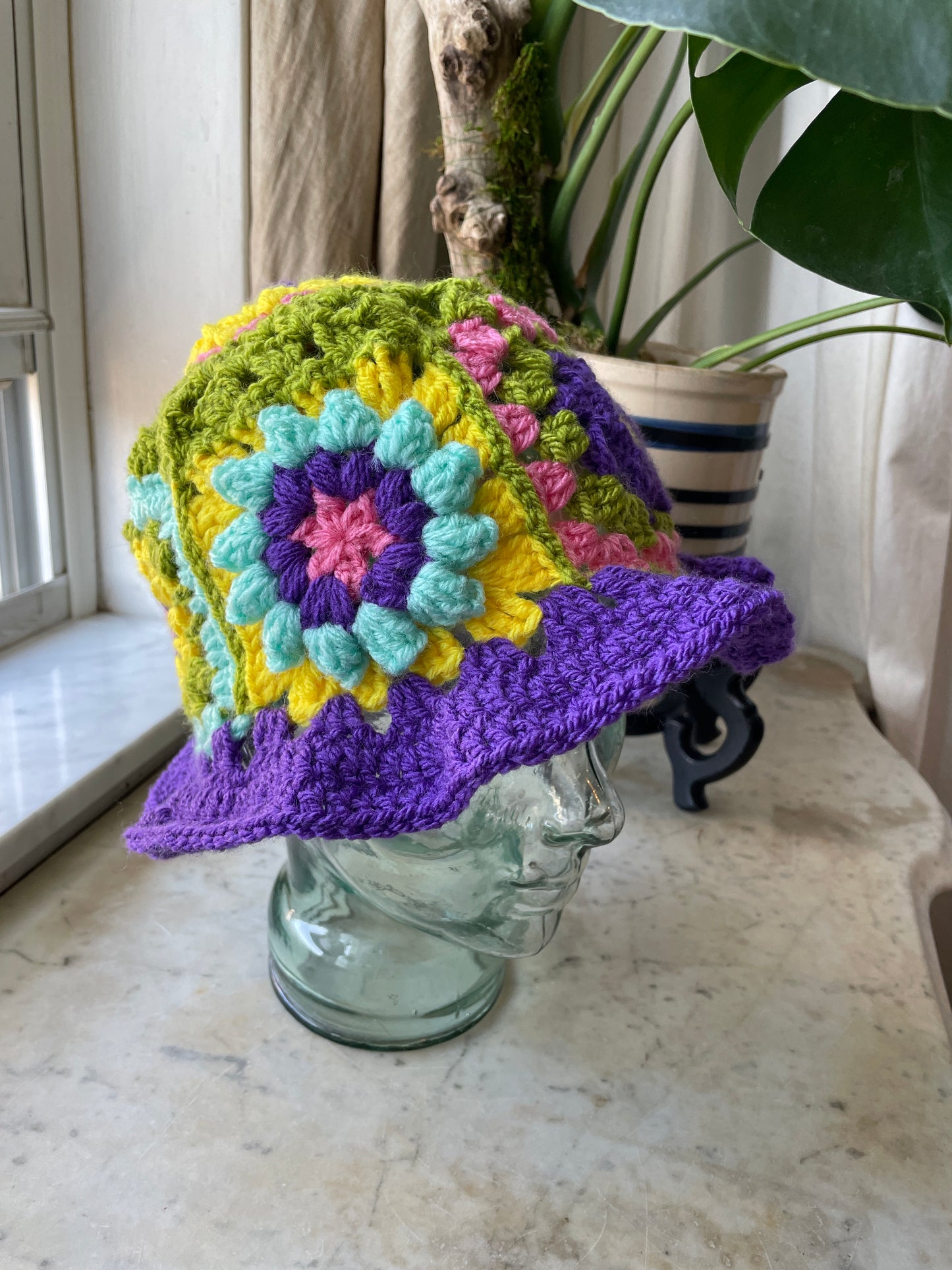 Spring Handmade Crochet Bucket Hat with Granny Square Floral Design spring