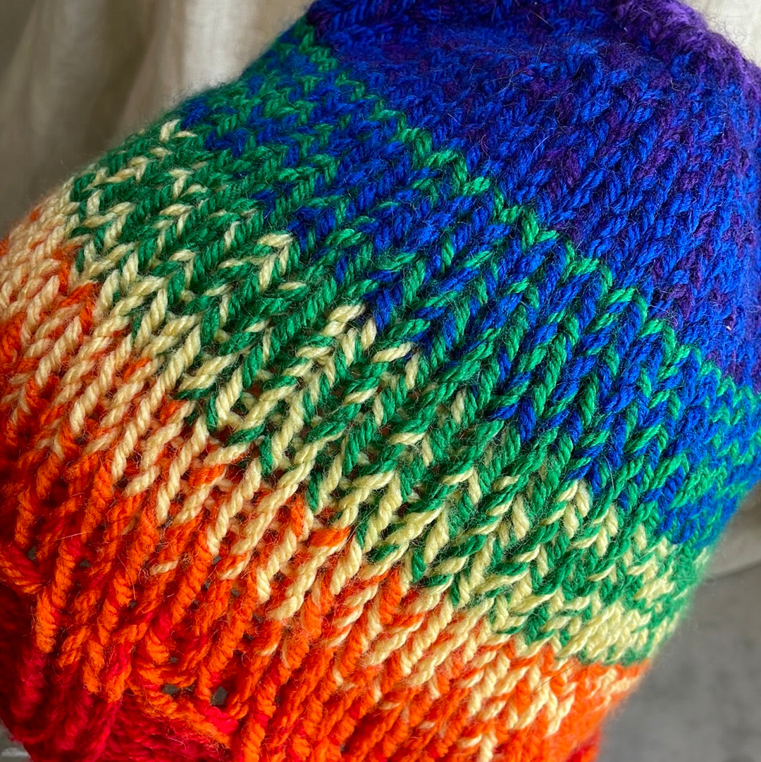 Hand knitted ombré rainbow beanie hat