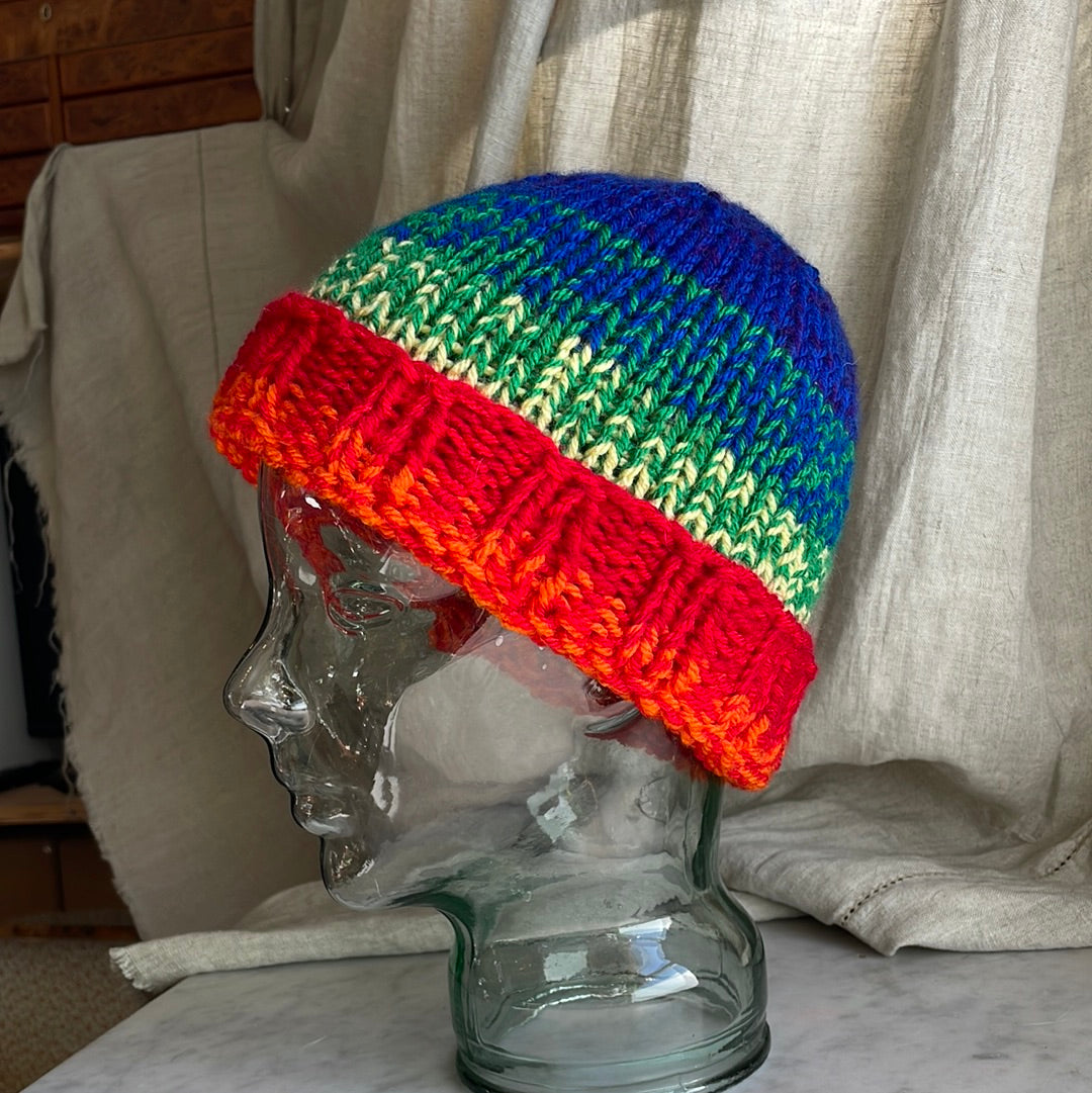 Hand knitted ombré rainbow beanie hat