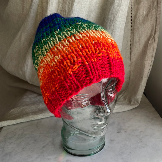 Hand knitted ombré rainbow beanie hat