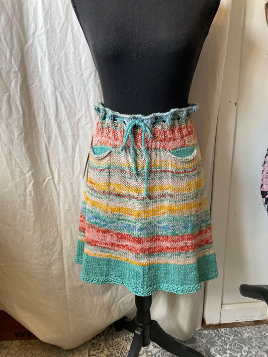 Hand Knit Cotton/hemp Ombre Skirt – Teal, Burnt Orange & Yellow | Drawstring Waist & Pockets
