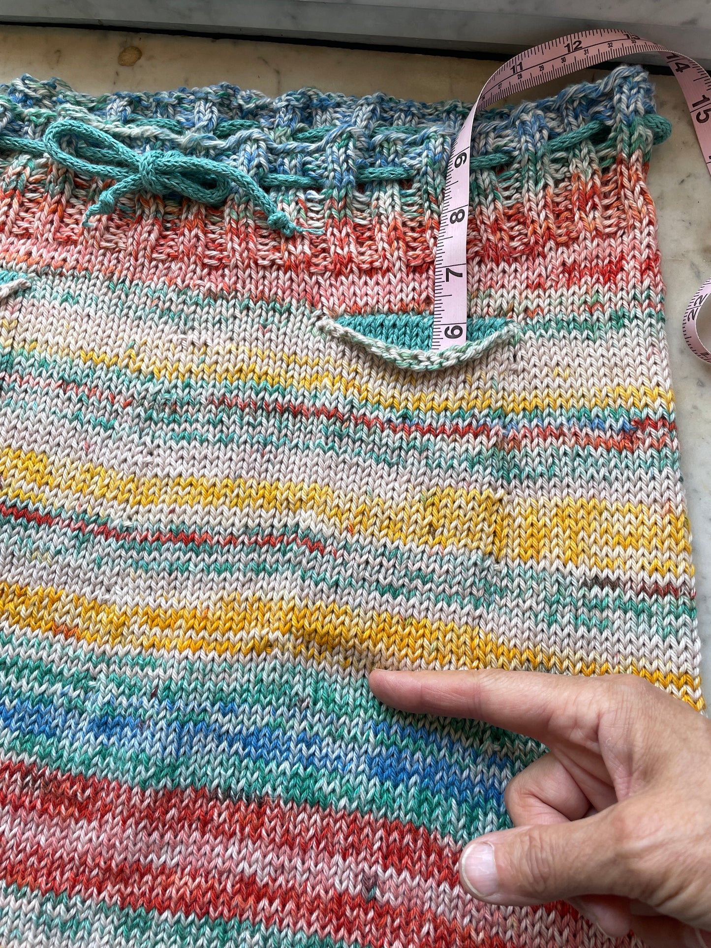 Hand Knit Cotton/hemp Ombre Skirt – Teal, Burnt Orange & Yellow | Drawstring Waist & Pockets