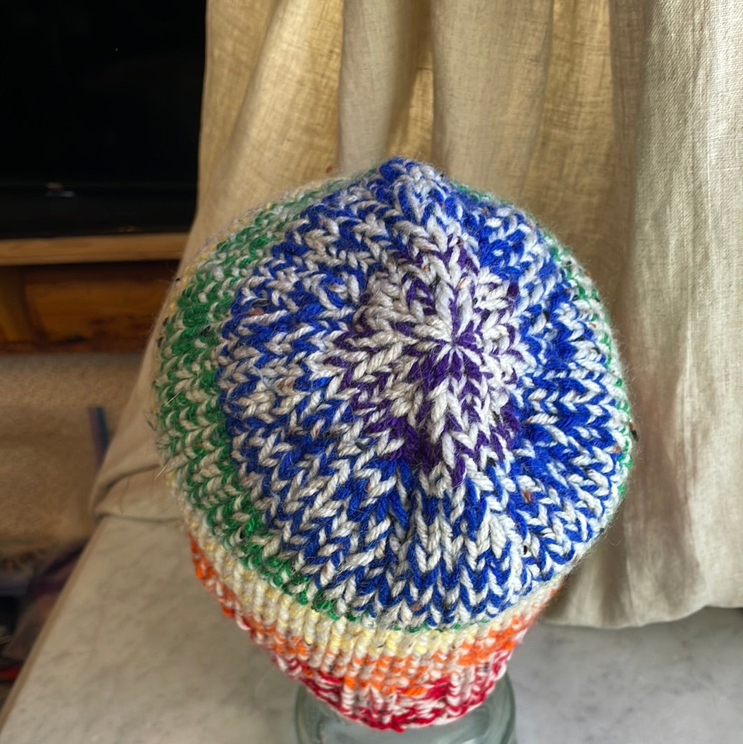 Hand knitted rainbow 🌈 striped beanie hat