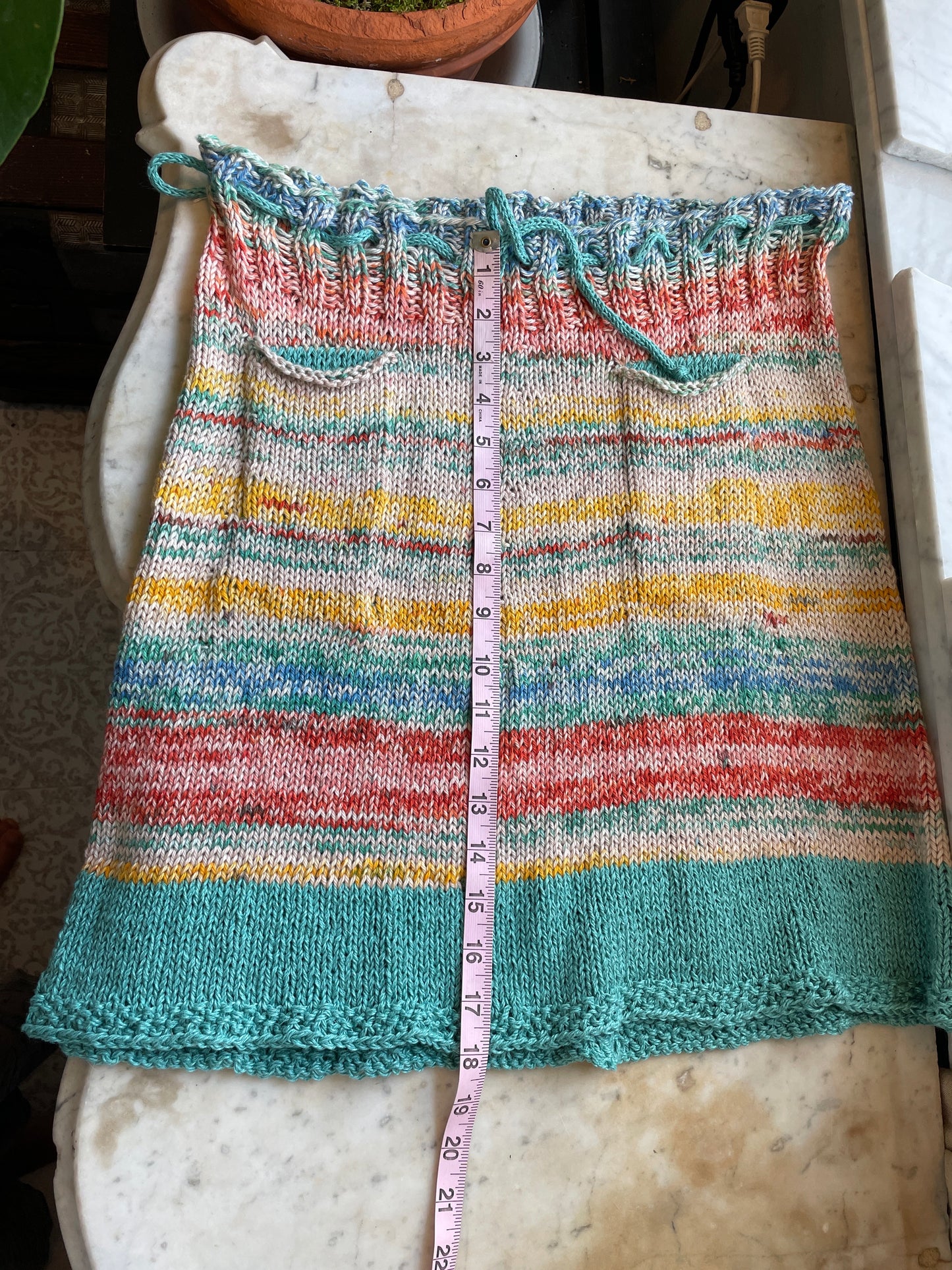 Hand Knit Cotton/hemp Ombre Skirt – Teal, Burnt Orange & Yellow | Drawstring Waist & Pockets