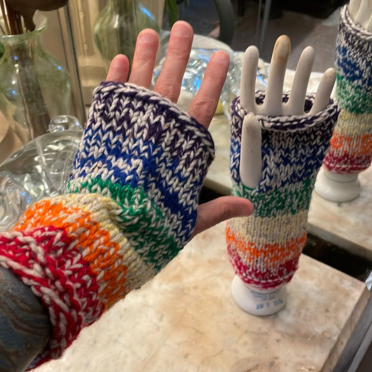 Thick Warm heathered Rainbow Striped Fingerless Gloves with no thumbs, washable acrylic yarn