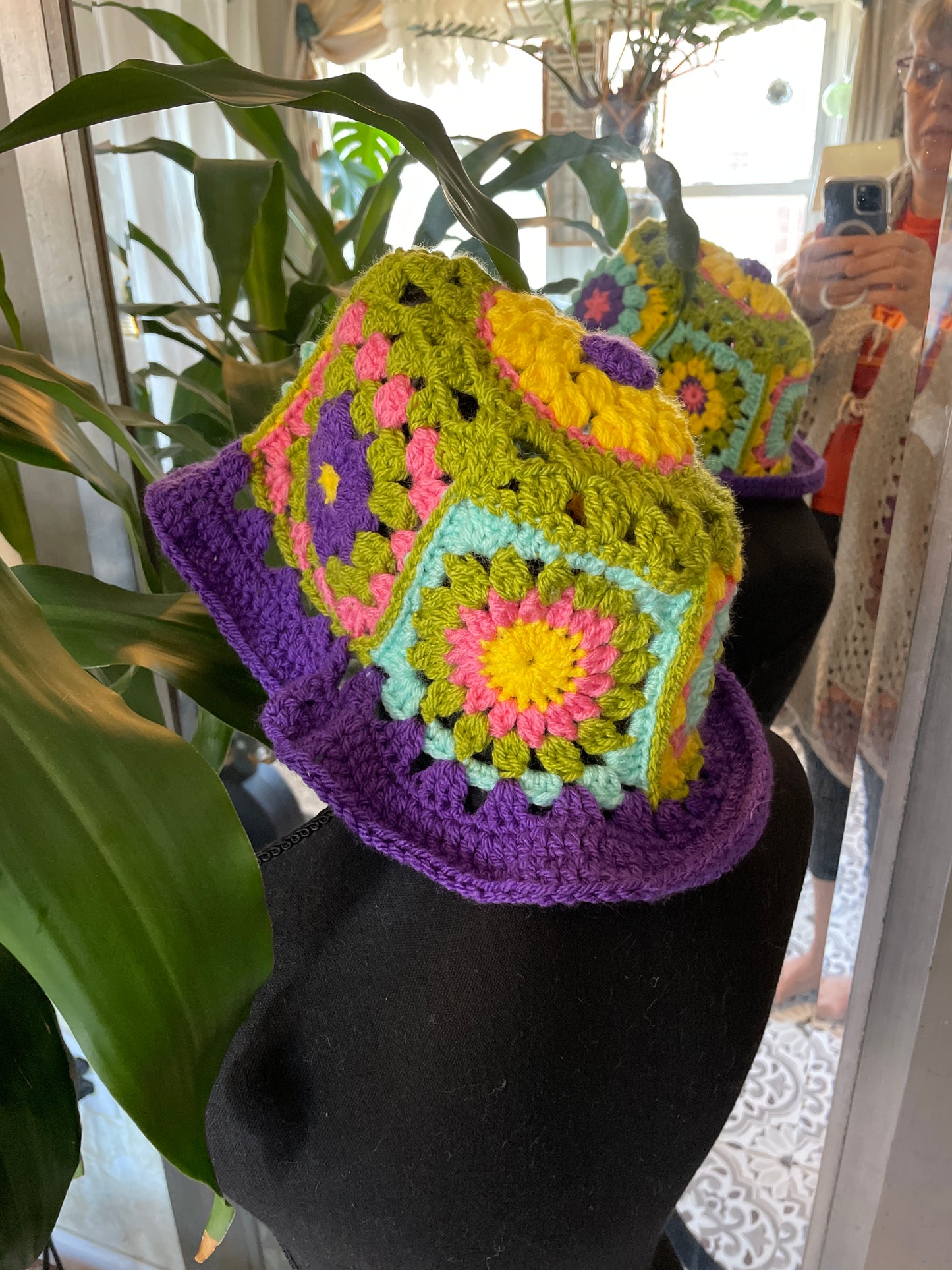 Spring Handmade Crochet Bucket Hat with Granny Square Floral Design spring