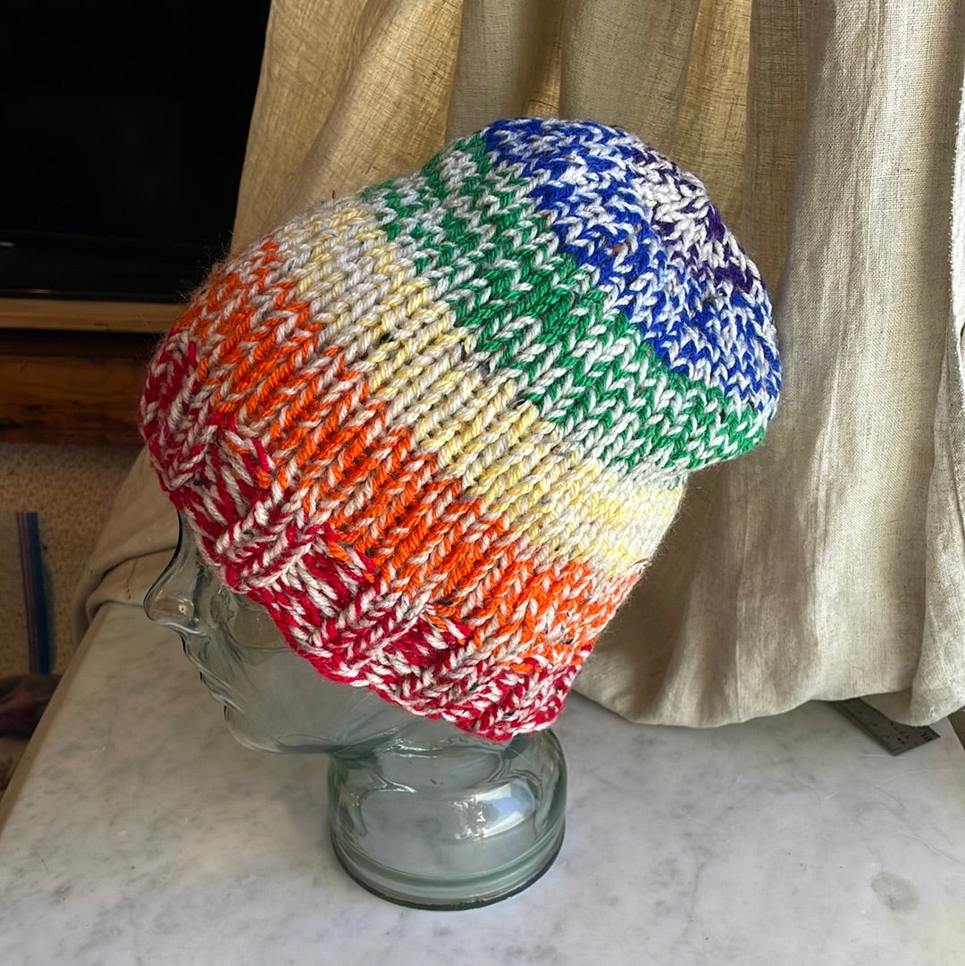 Hand knitted rainbow 🌈 striped beanie hat