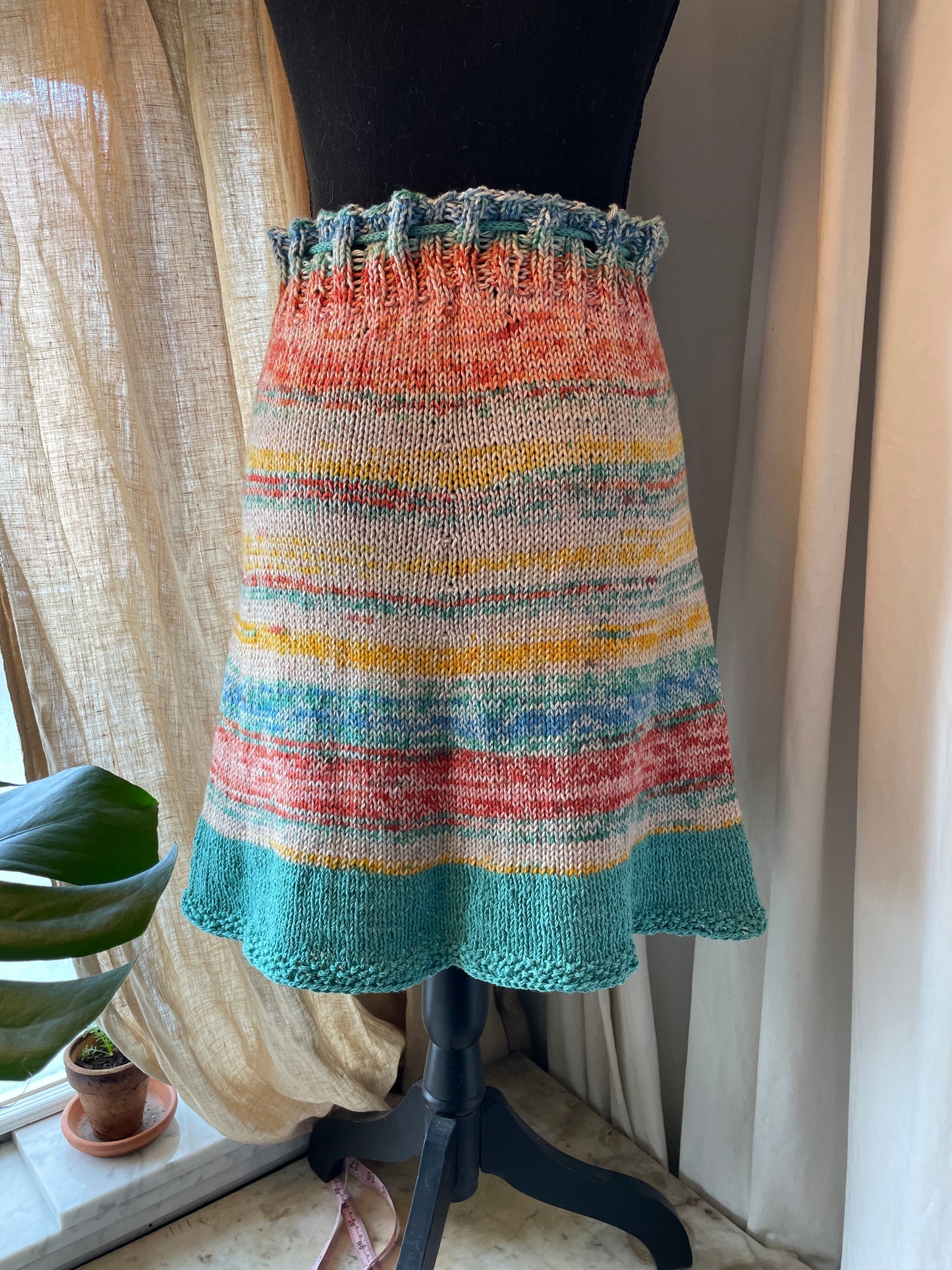 Hand Knit Cotton/hemp Ombre Skirt – Teal, Burnt Orange & Yellow | Drawstring Waist & Pockets
