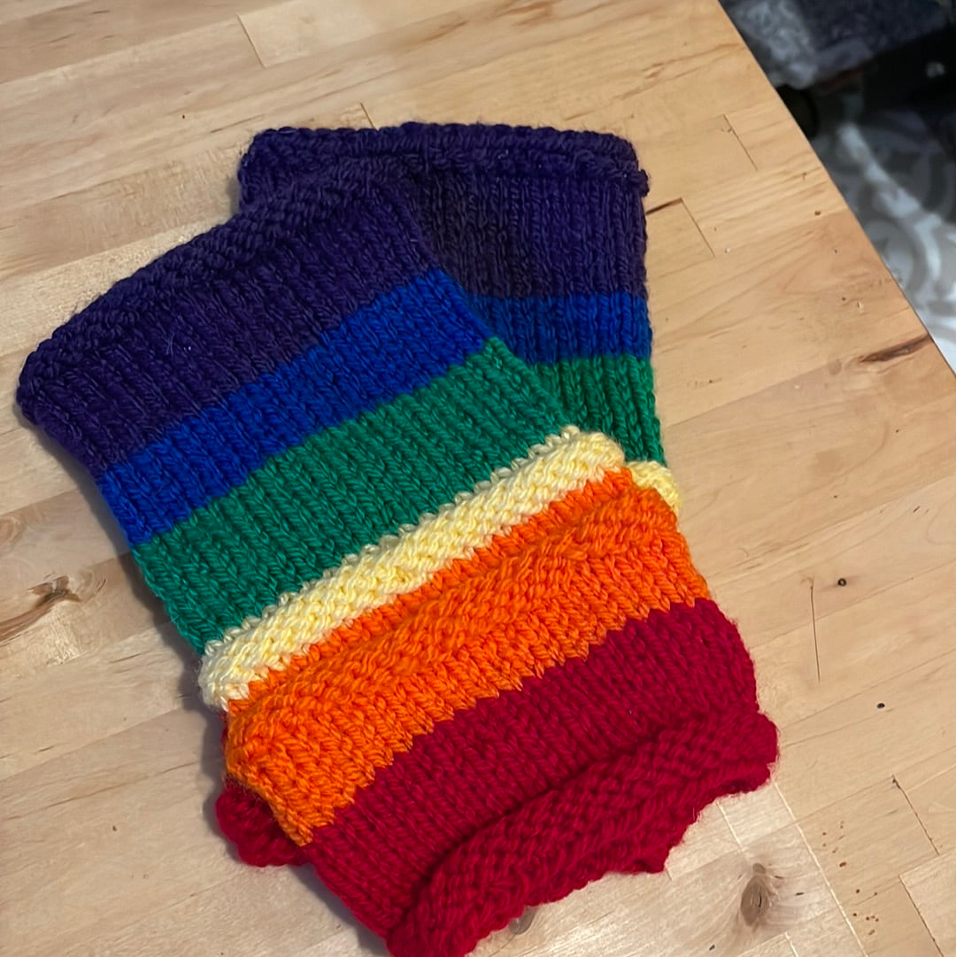 Warm Rainbow Striped Fingerless Gloves with no thumbs, washable acrylic yarn