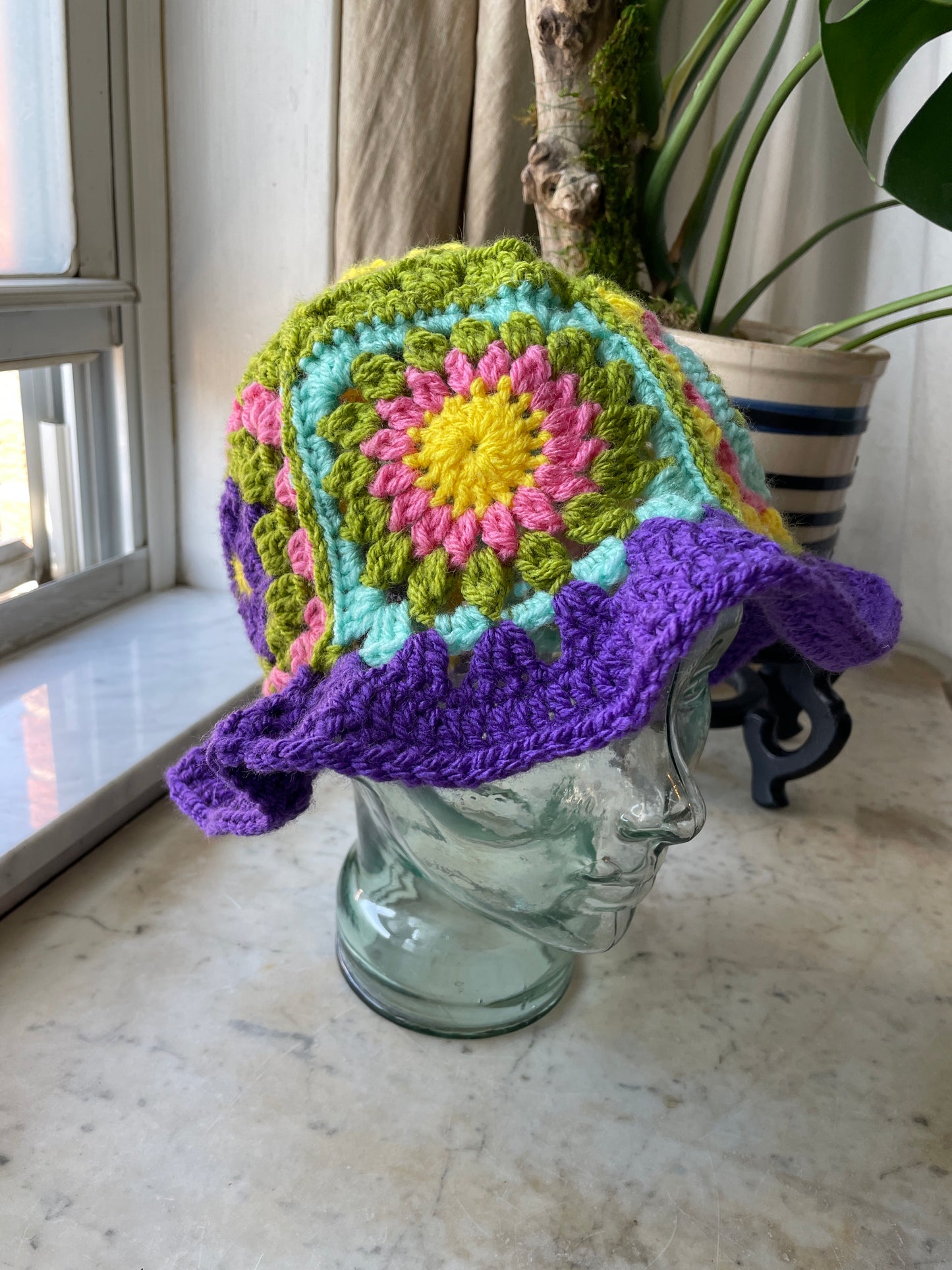 Spring Handmade Crochet Bucket Hat with Granny Square Floral Design spring