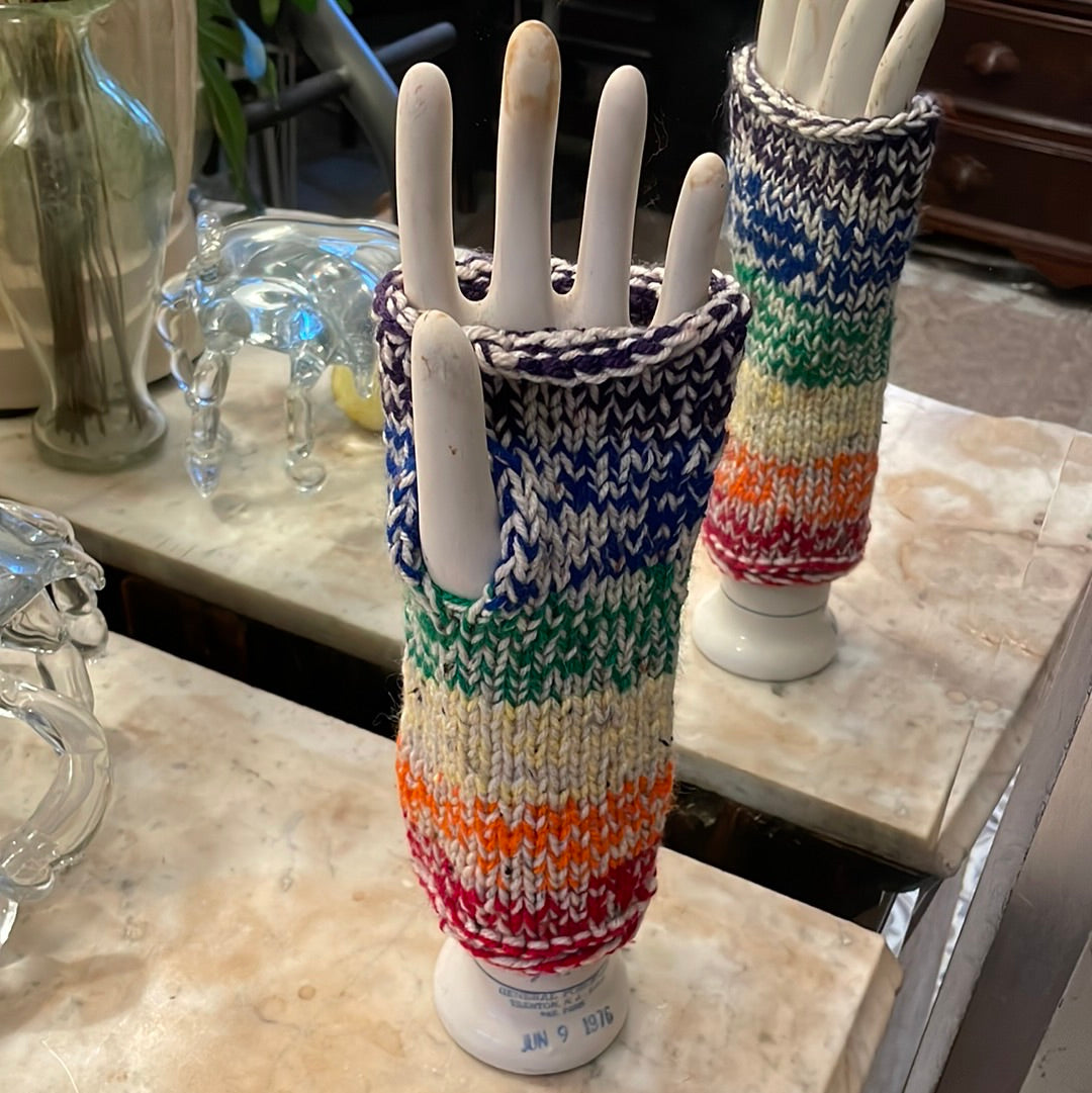 Thick Warm heathered Rainbow Striped Fingerless Gloves with no thumbs, washable acrylic yarn