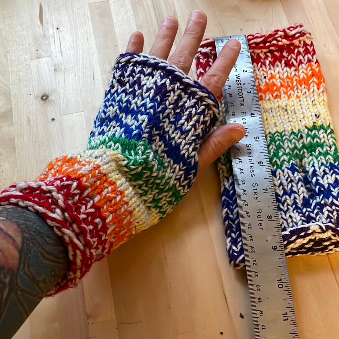 Thick Warm heathered Rainbow Striped Fingerless Gloves with no thumbs, washable acrylic yarn