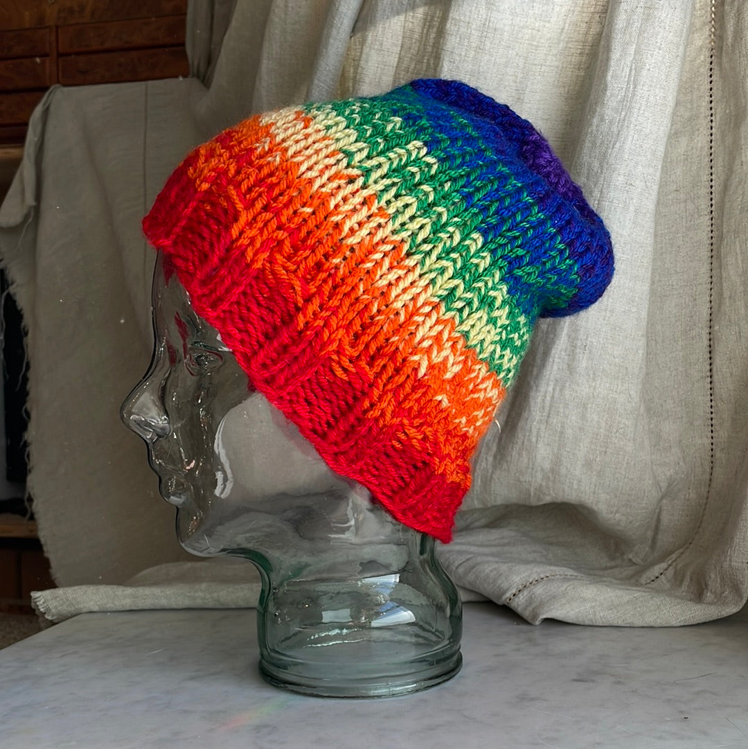 Hand knitted ombré rainbow beanie hat