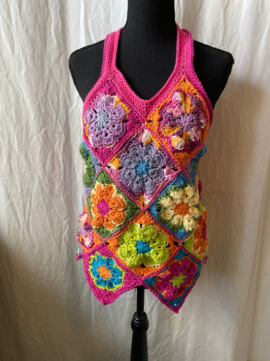 Handmade Crochet Granny Square Tank Top – Retro with a Color Pop small