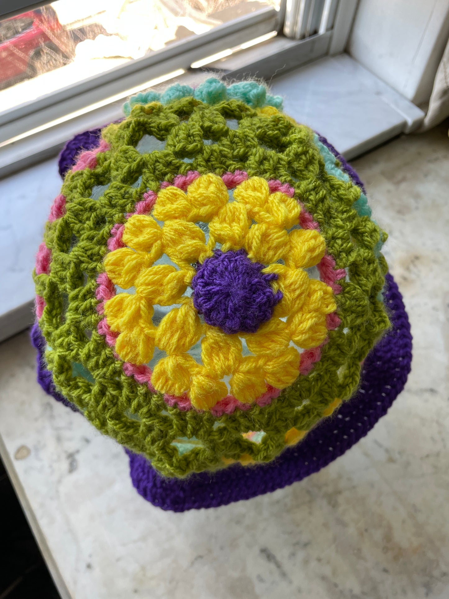 Spring Handmade Crochet Bucket Hat with Granny Square Floral Design spring