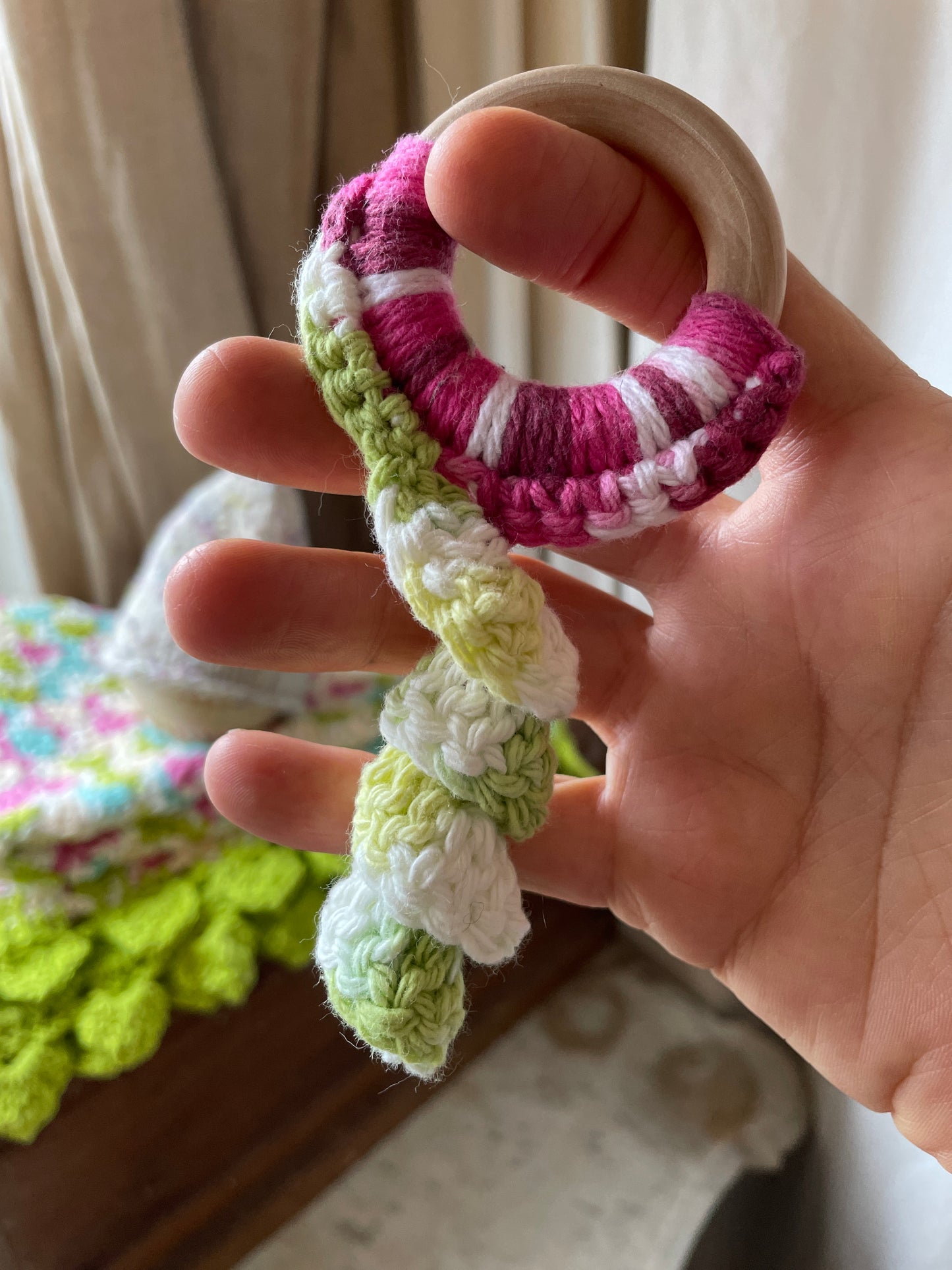 🌷Handmade Baby Gift Set – Crochet Blanket, Knit Hat & Wooden Pacifier Ring