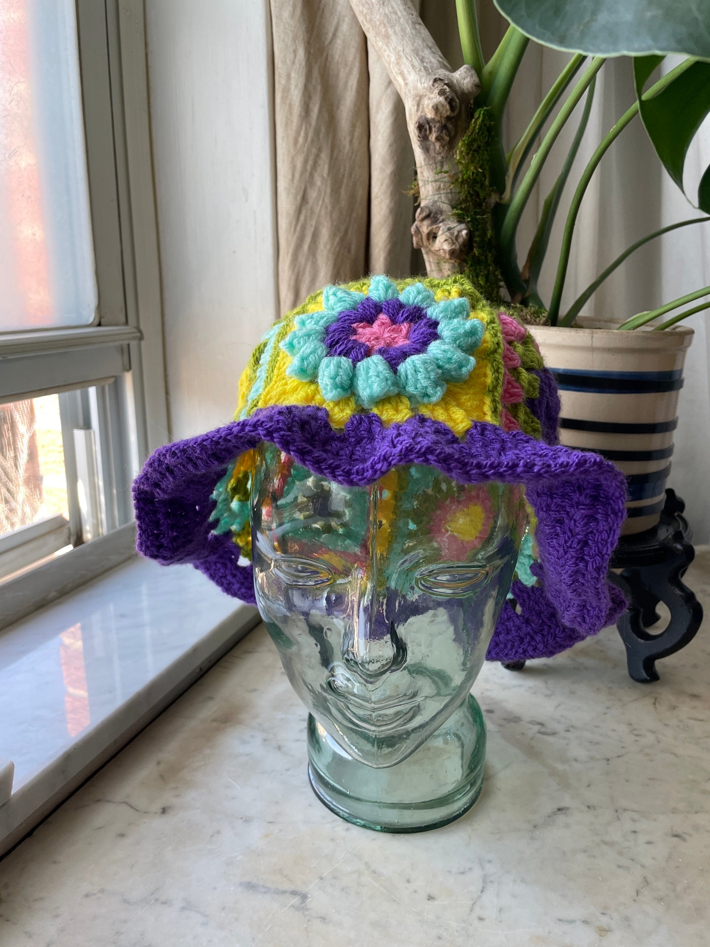 Spring Handmade Crochet Bucket Hat with Granny Square Floral Design spring