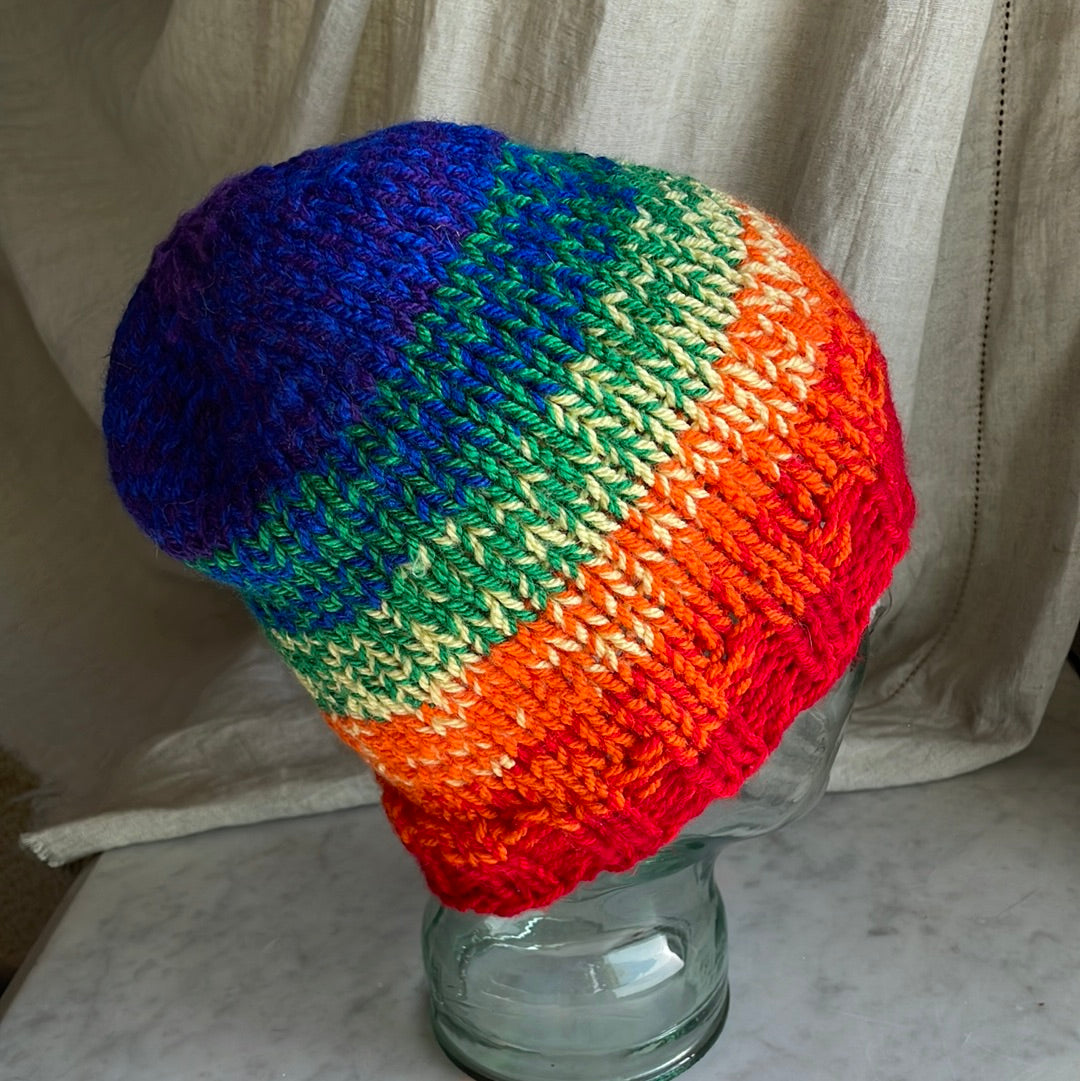 Hand knitted ombré rainbow beanie hat