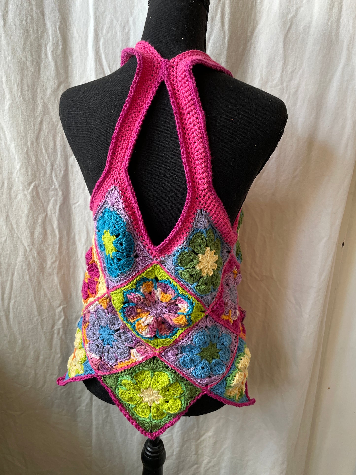 Handmade Crochet Granny Square Tank Top – Retro with a Color Pop small