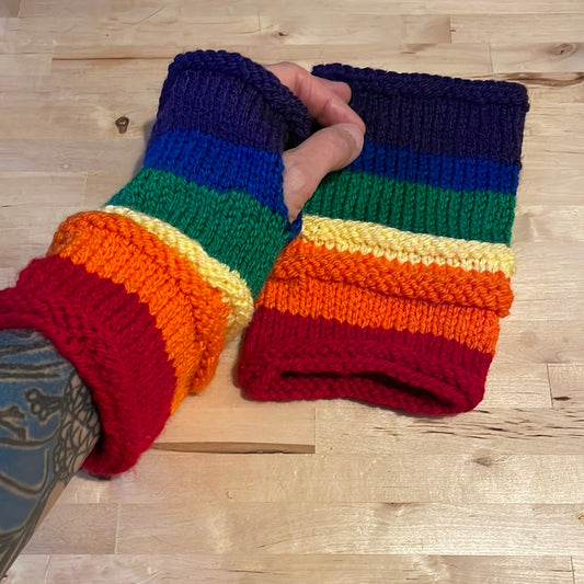 Warm Rainbow Striped Fingerless Gloves with no thumbs, washable acrylic yarn