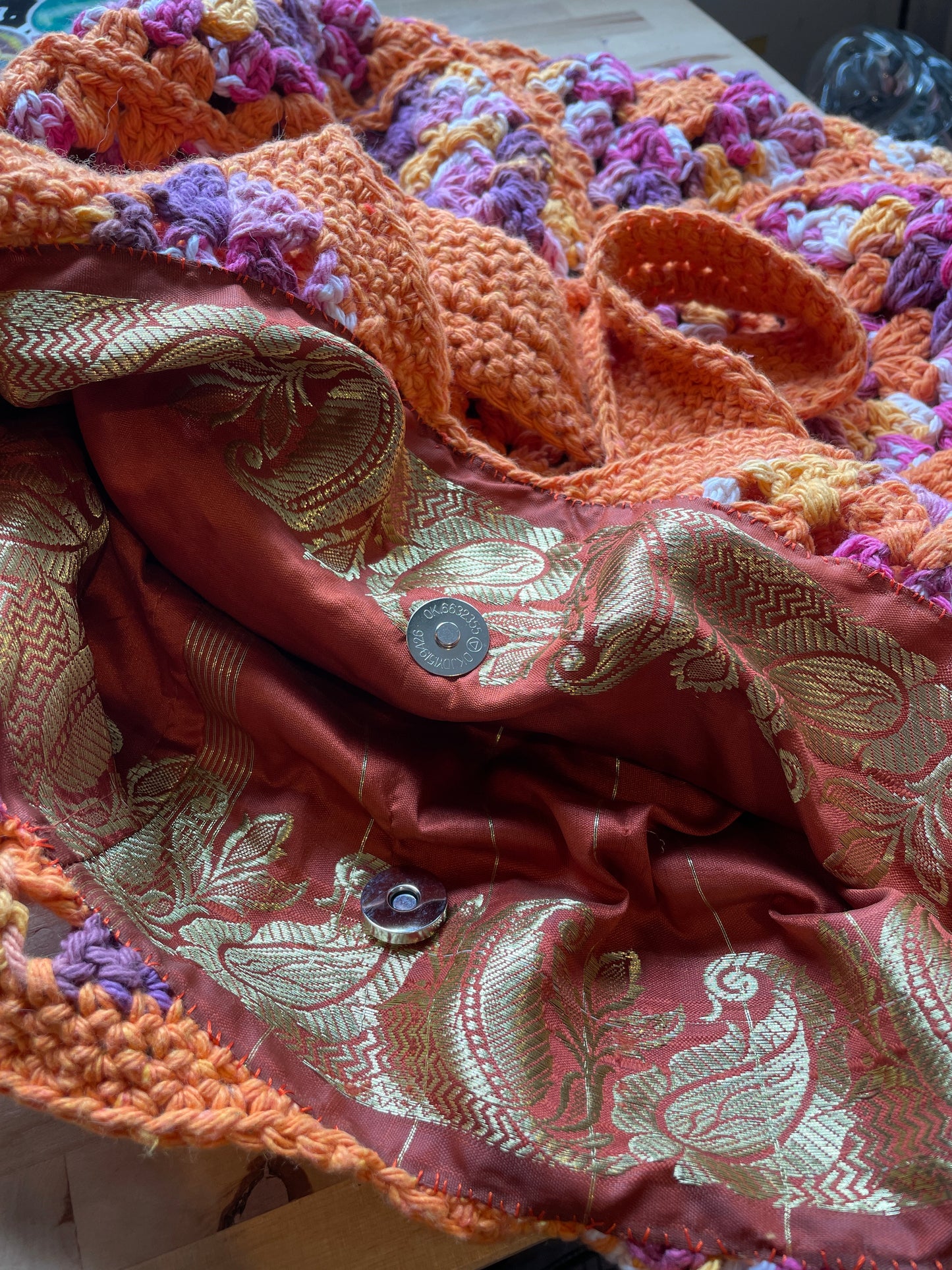 🧡🌺🌸🌻🧡Handmade Crochet Granny Square Tote – Retro Lined Shoulder Bag (One of a Kind)