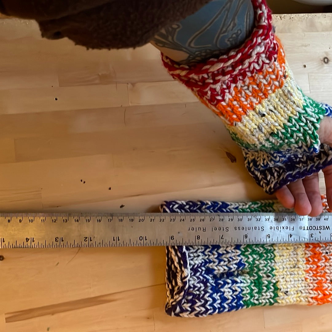 Thick Warm heathered Rainbow Striped Fingerless Gloves with no thumbs, washable acrylic yarn