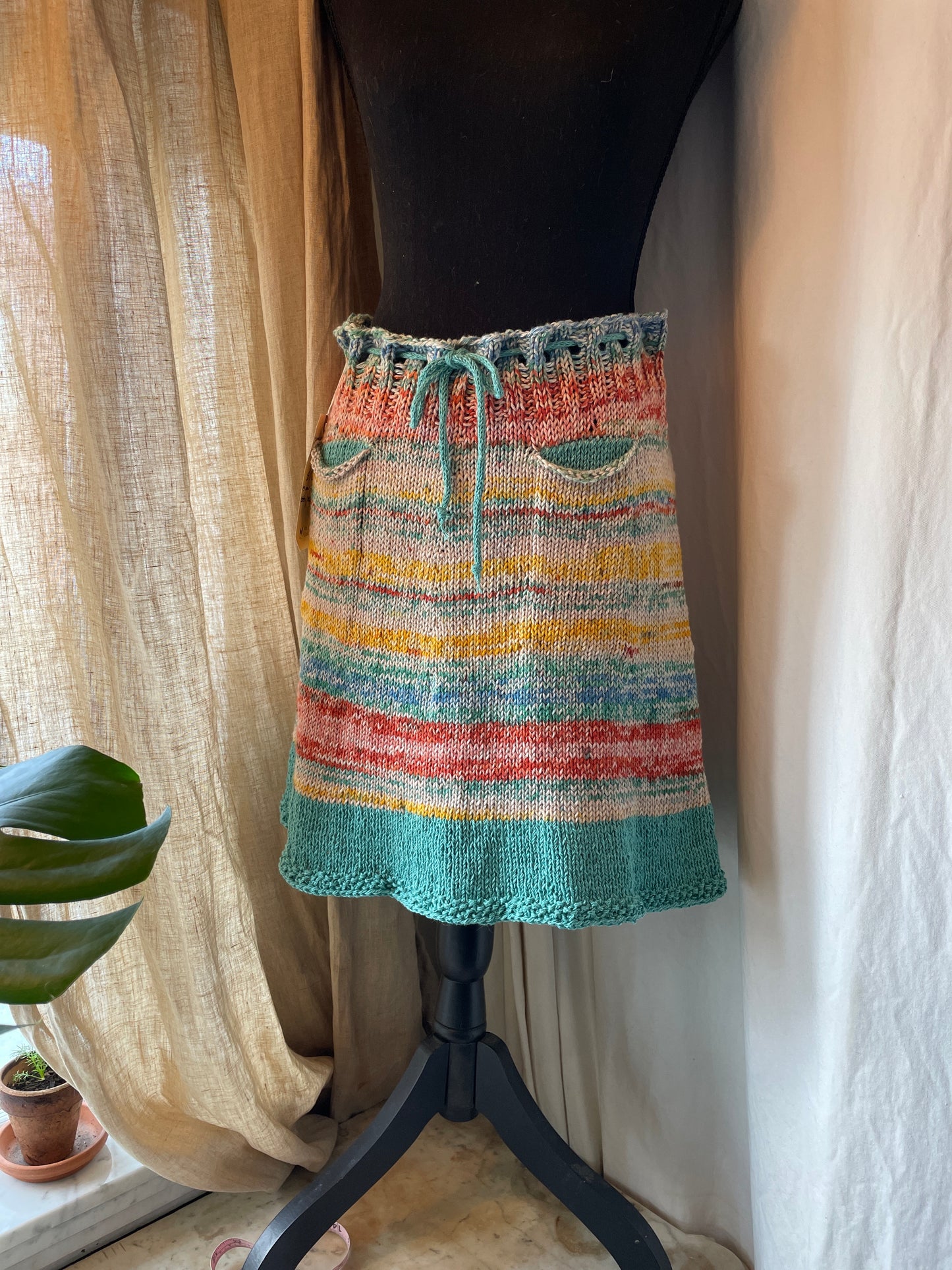 Hand Knit Cotton/hemp Ombre Skirt – Teal, Burnt Orange & Yellow | Drawstring Waist & Pockets