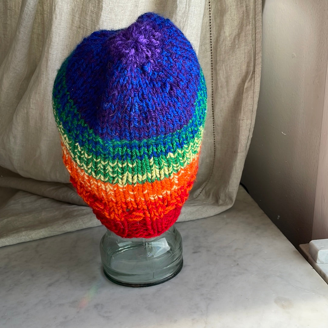 Hand knitted ombré rainbow beanie hat