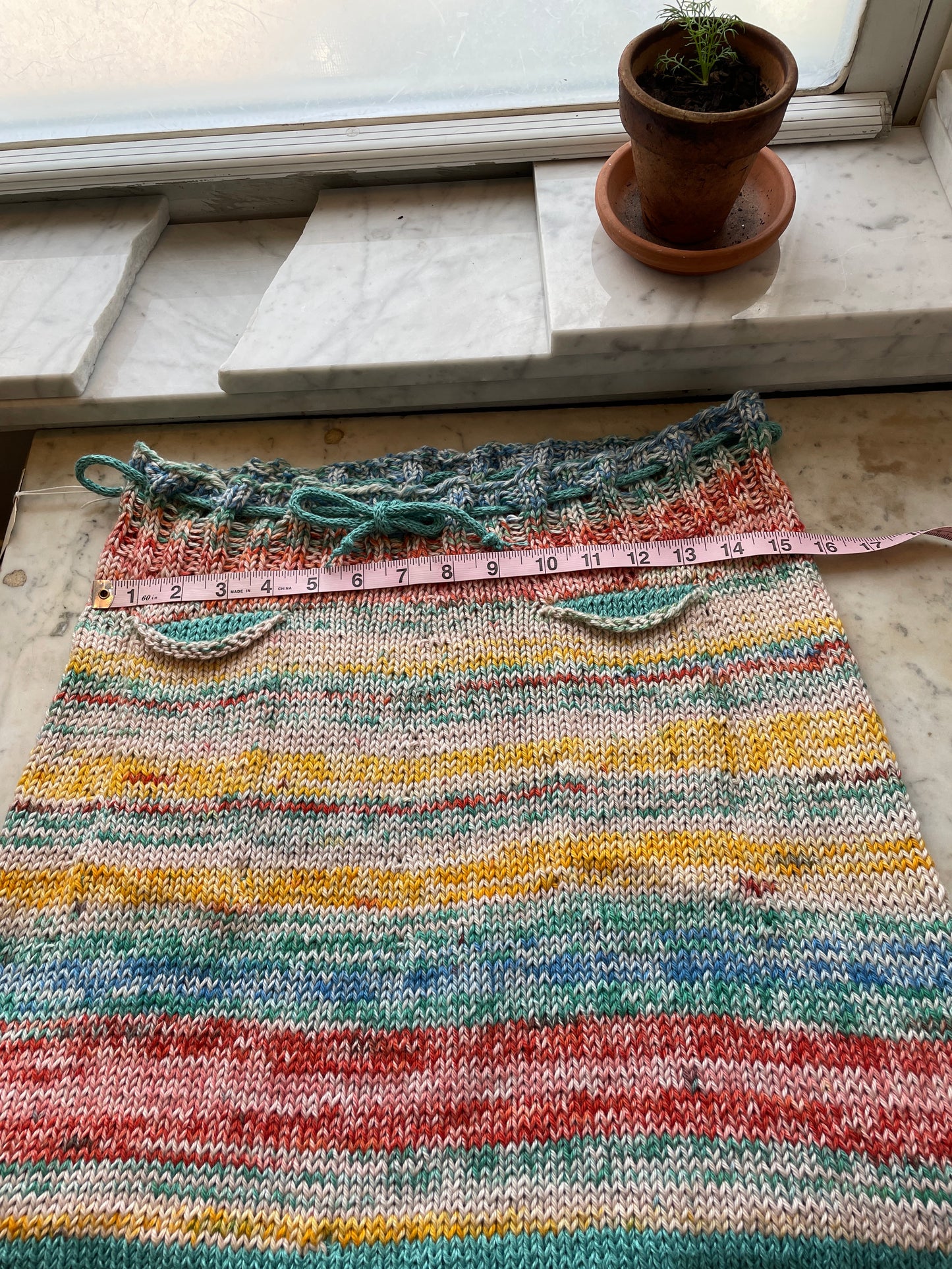 Hand Knit Cotton/hemp Ombre Skirt – Teal, Burnt Orange & Yellow | Drawstring Waist & Pockets