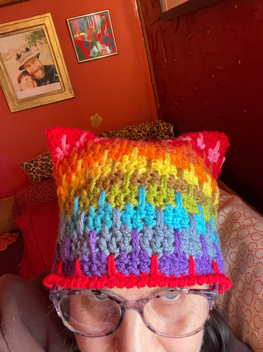 Rainbow Red  hand crocheted Cranky Kitty Beanie 🌈 hat toque