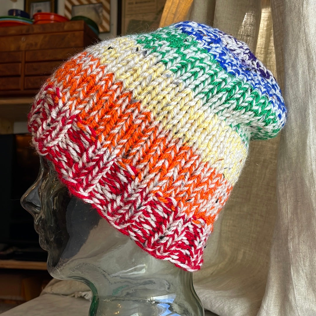 Hand knitted rainbow 🌈 striped beanie hat