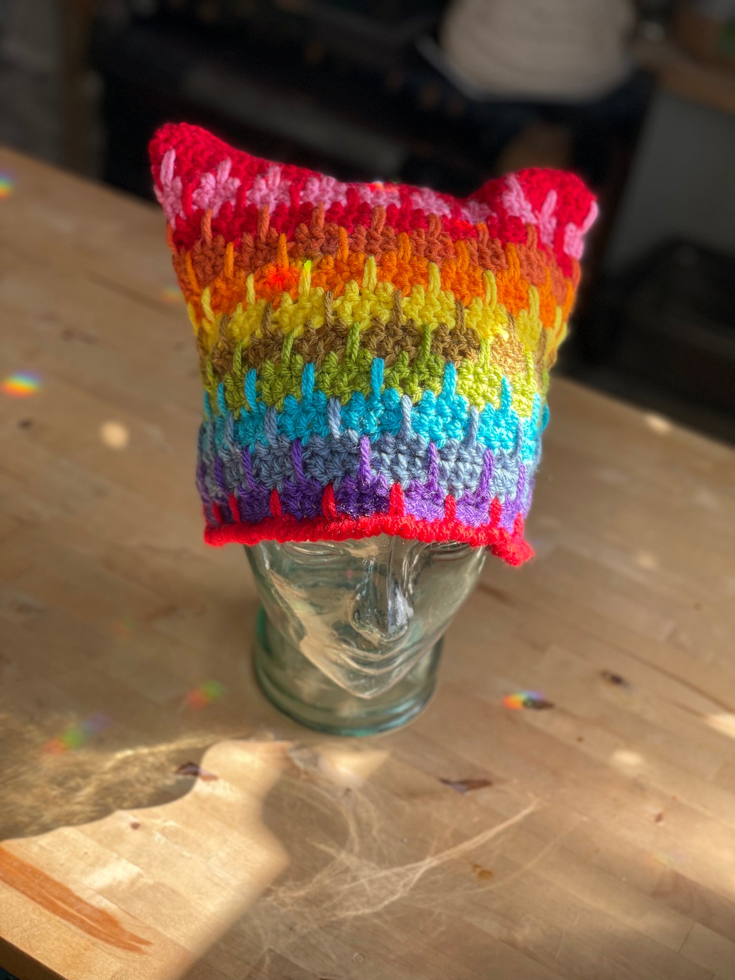 Rainbow Red  hand crocheted Cranky Kitty Beanie 🌈 hat toque
