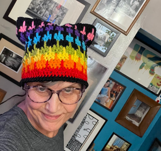 hand crocheted Cranky Kitty Beanie 🌈 hat toque 
 , made to order