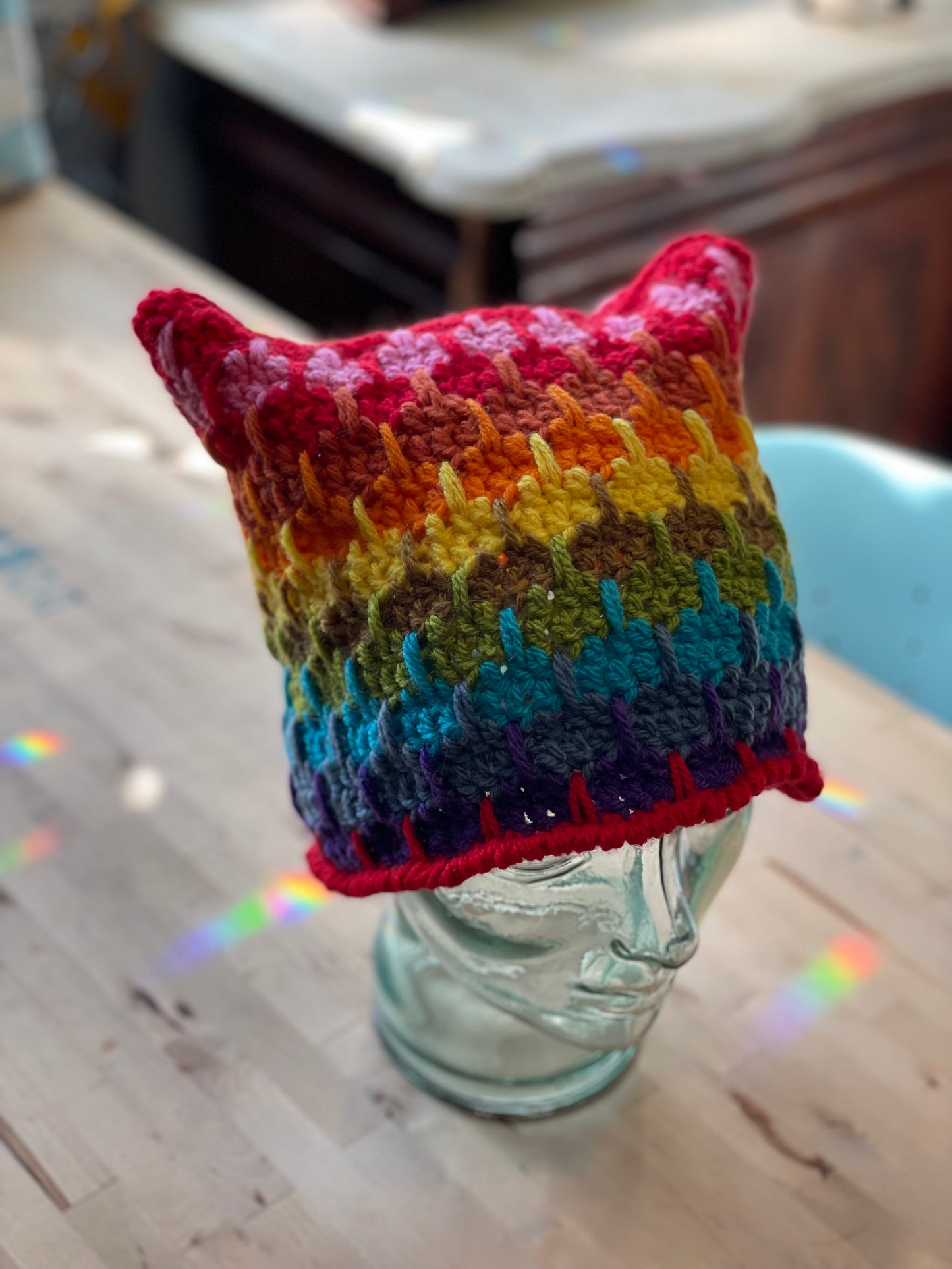 Rainbow Red  hand crocheted Cranky Kitty Beanie 🌈 hat toque