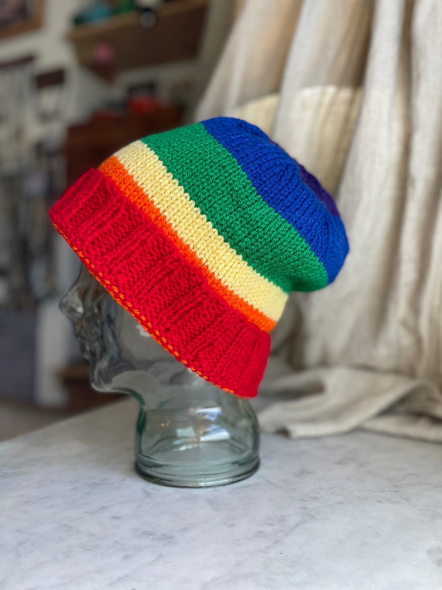 Hand knitted Rainbow 🌈 Light weight XL slouchy Beanie