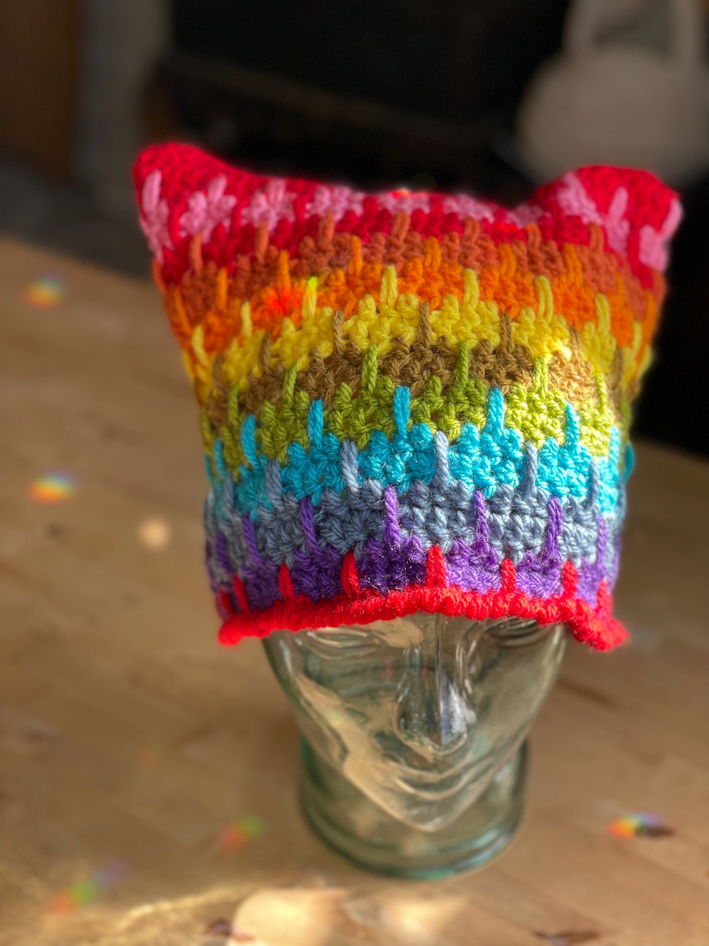 Rainbow Red  hand crocheted Cranky Kitty Beanie 🌈 hat toque