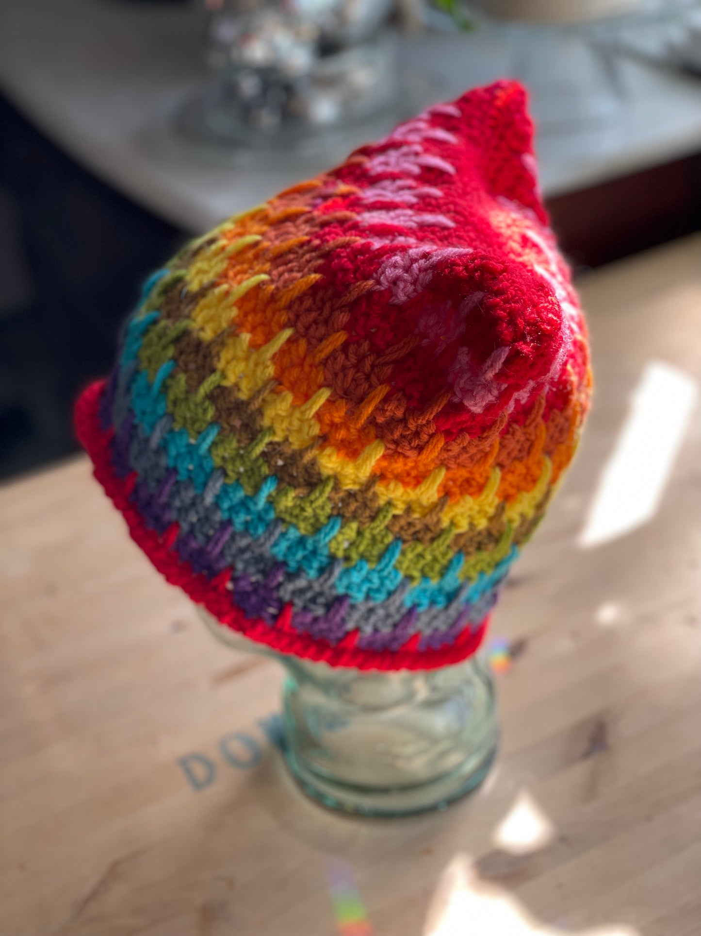 Rainbow Red  hand crocheted Cranky Kitty Beanie 🌈 hat toque