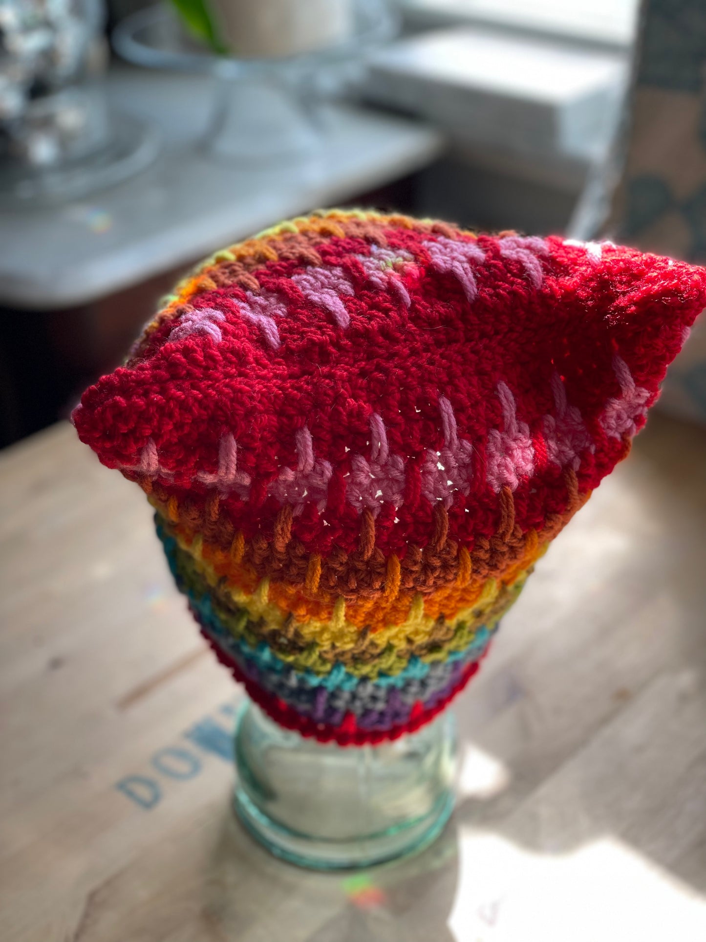 Rainbow Red  hand crocheted Cranky Kitty Beanie 🌈 hat toque