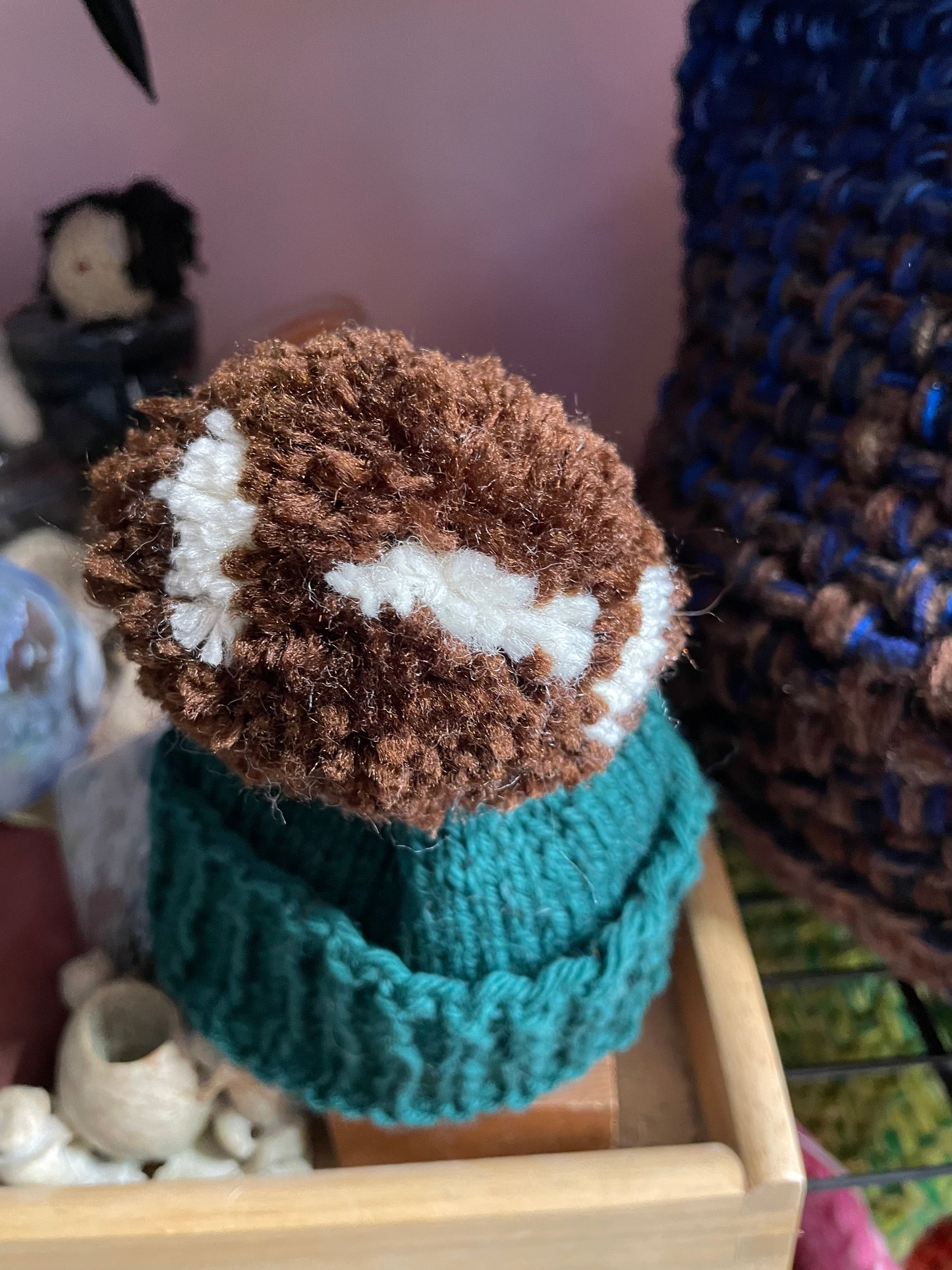 New born baby football 🏈 fans! Hand knit beanie hat with removable 🏈 pom pom