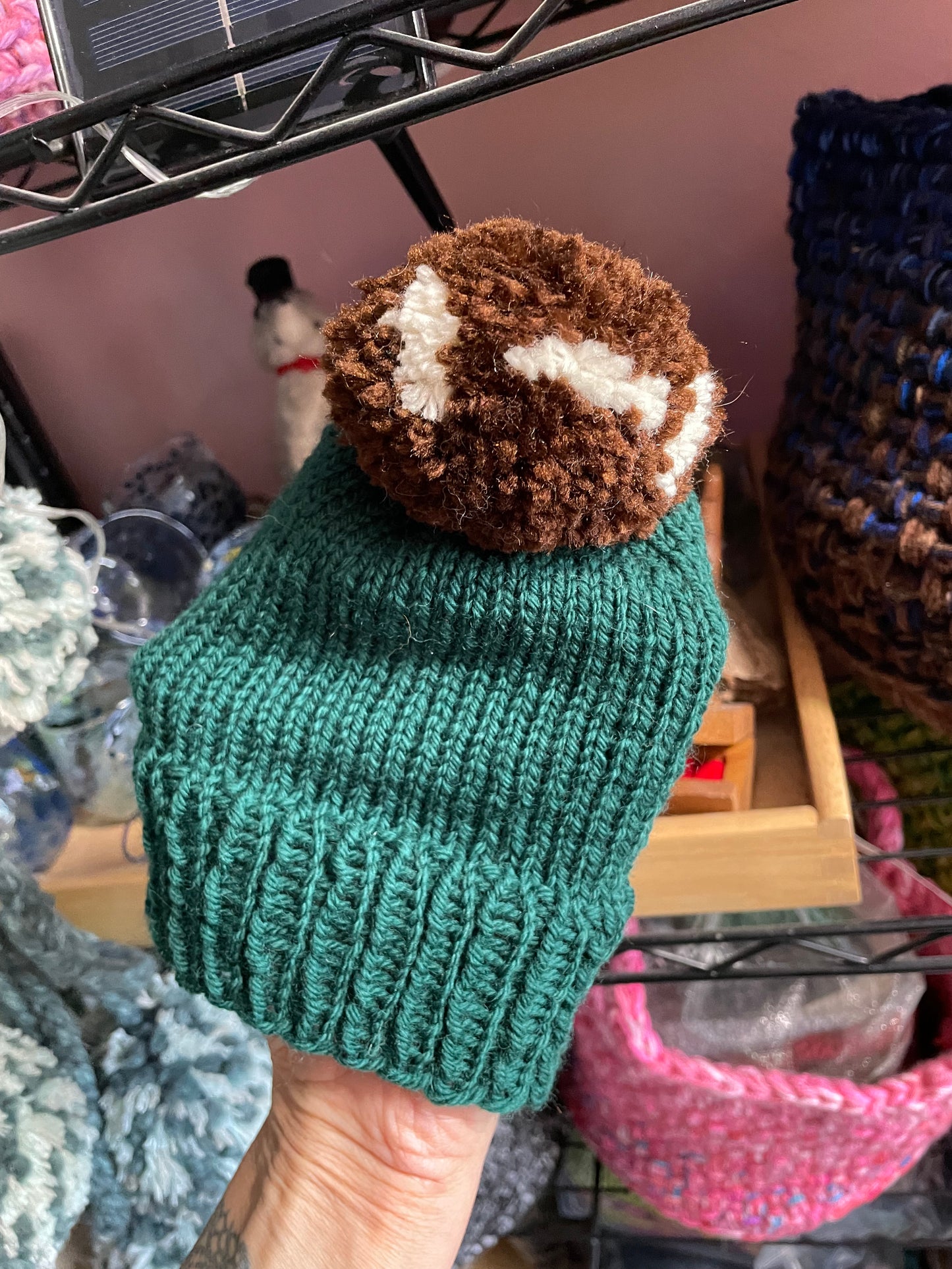 New born baby football 🏈 fans! Hand knit beanie hat with removable 🏈 pom pom