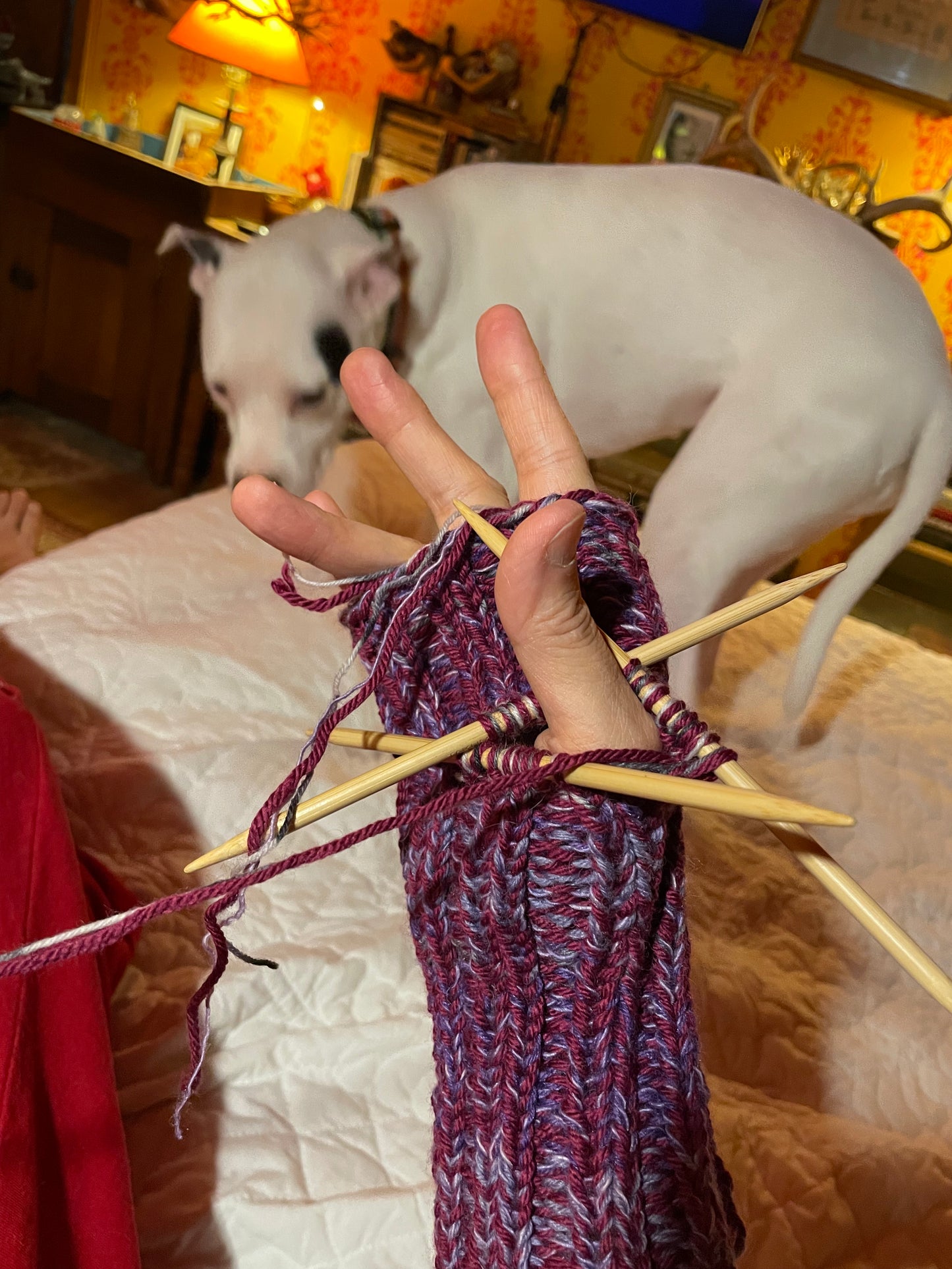 Marled Grape Fingerless Gloves ribbed hand knitted sz md/lg  thick cozy wool