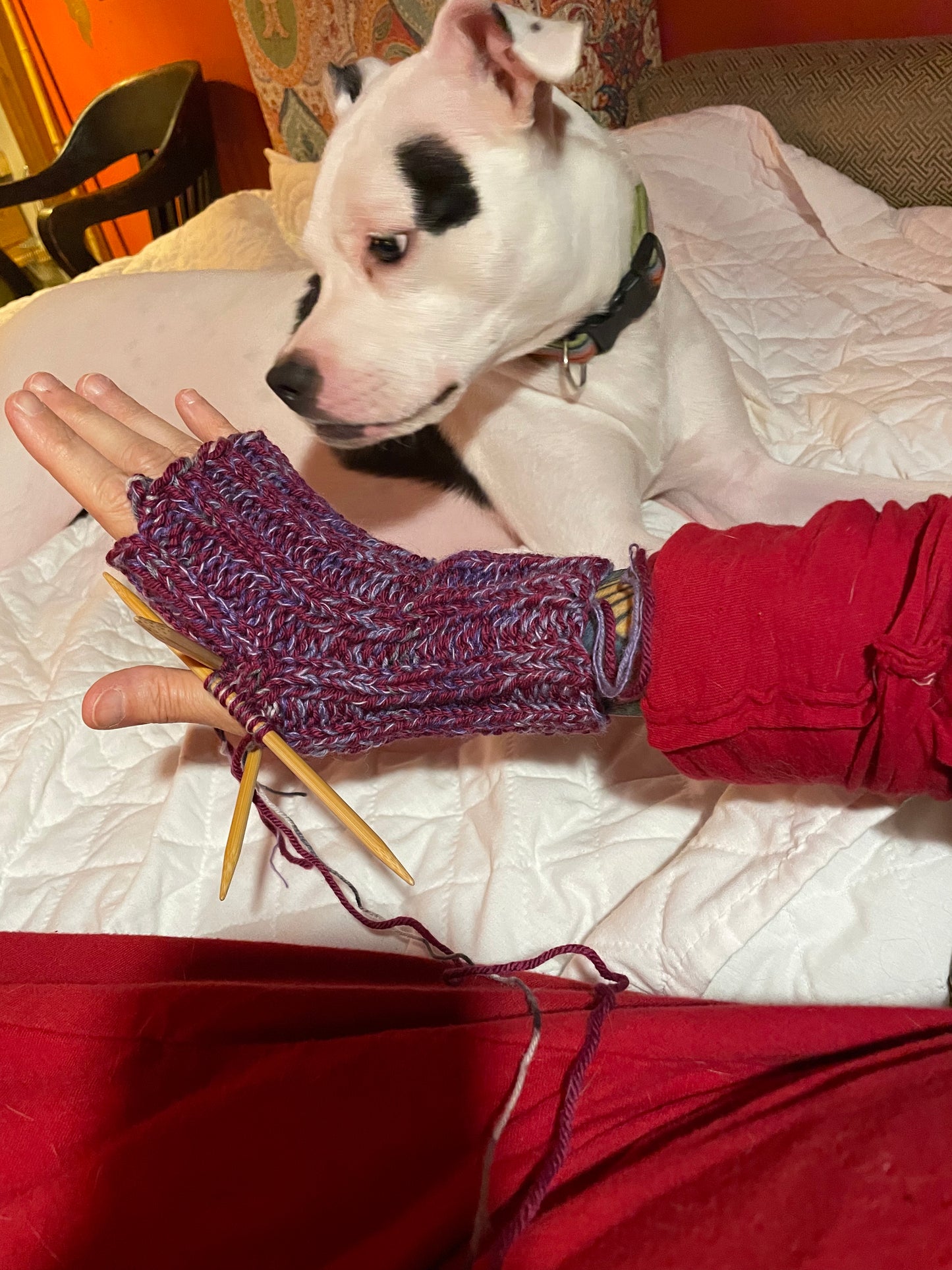 Marled Grape Fingerless Gloves ribbed hand knitted sz md/lg  thick cozy wool