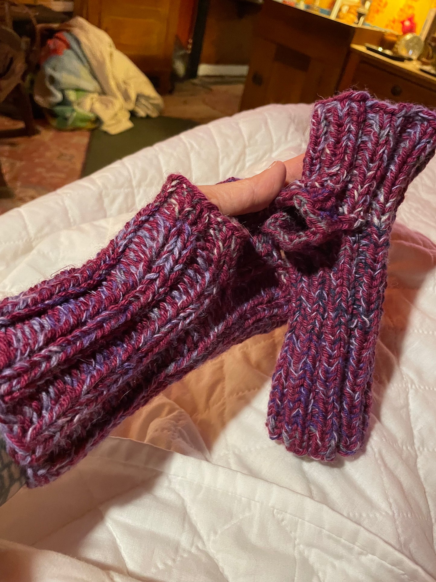 Marled Grape Fingerless Gloves ribbed hand knitted sz md/lg  thick cozy wool